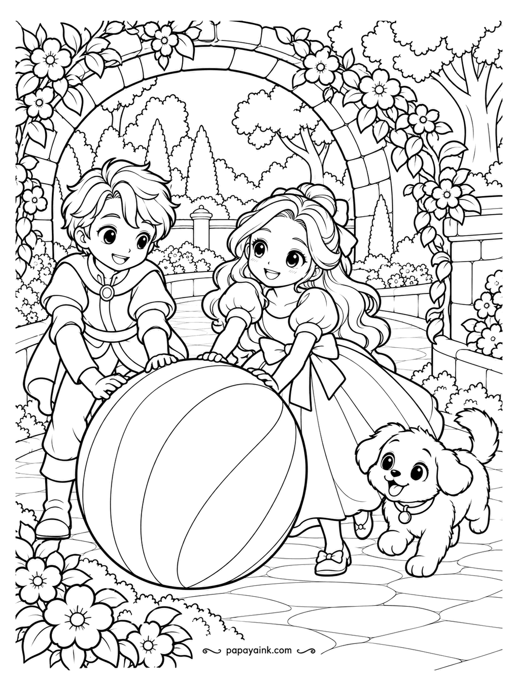 Kawaii Princess Coloring Pages - Taller than the puppy and nearly as wide as the garden arch, the ball still fits: prince and princess push, the puppy supervises, and the flowers on the arch lean in to watch. Striped ball: alternate a pair of colors, leave the rest alone.