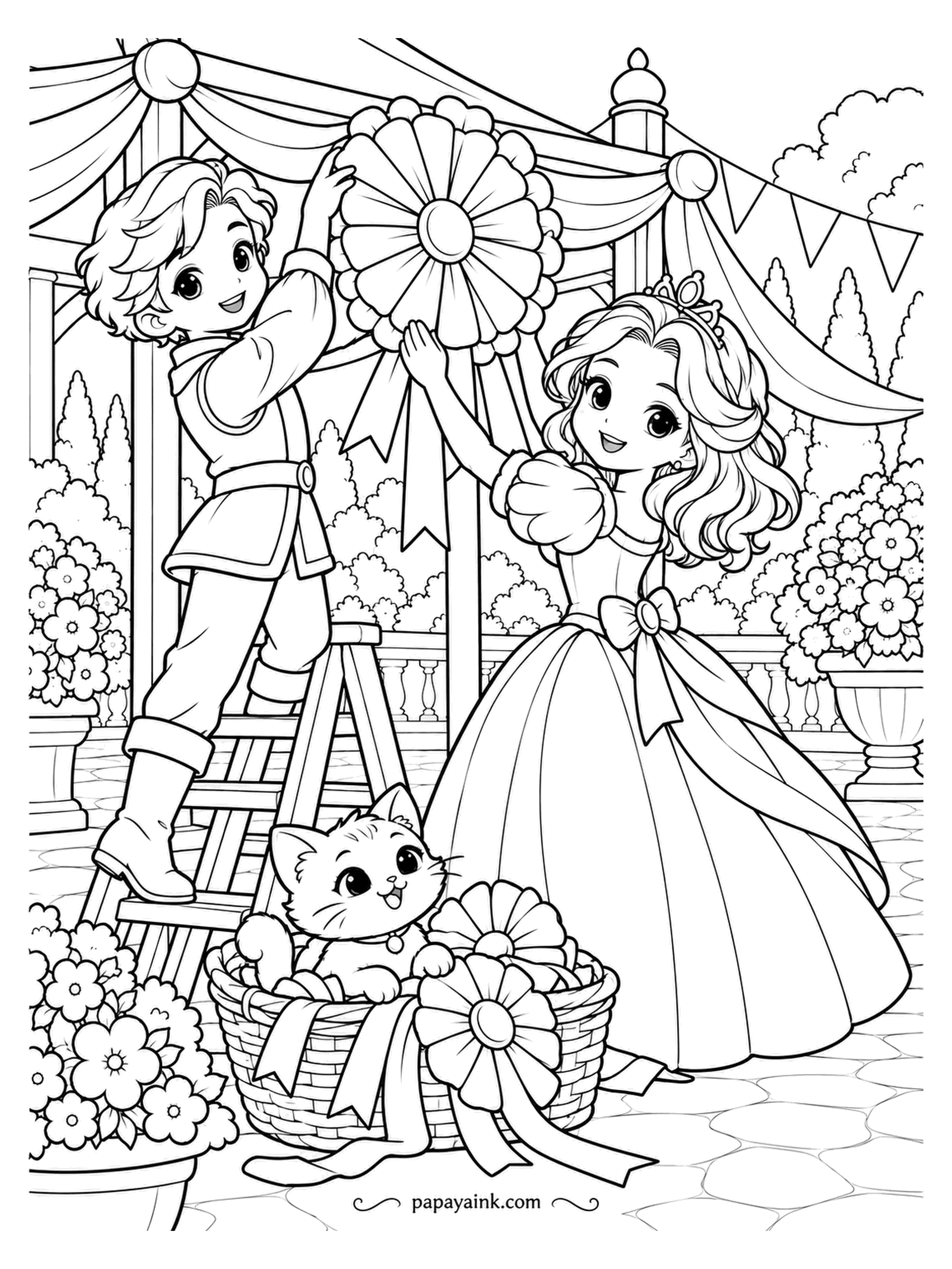 Kawaii Princess Coloring Pages - Festival day, and the biggest rosette goes up first. The prince climbs the stepladder with it, the princess steers from below, and the kitten in the basket is sitting on the rest of the decorations. Pleated rosette: alternate light and dark along the folds.