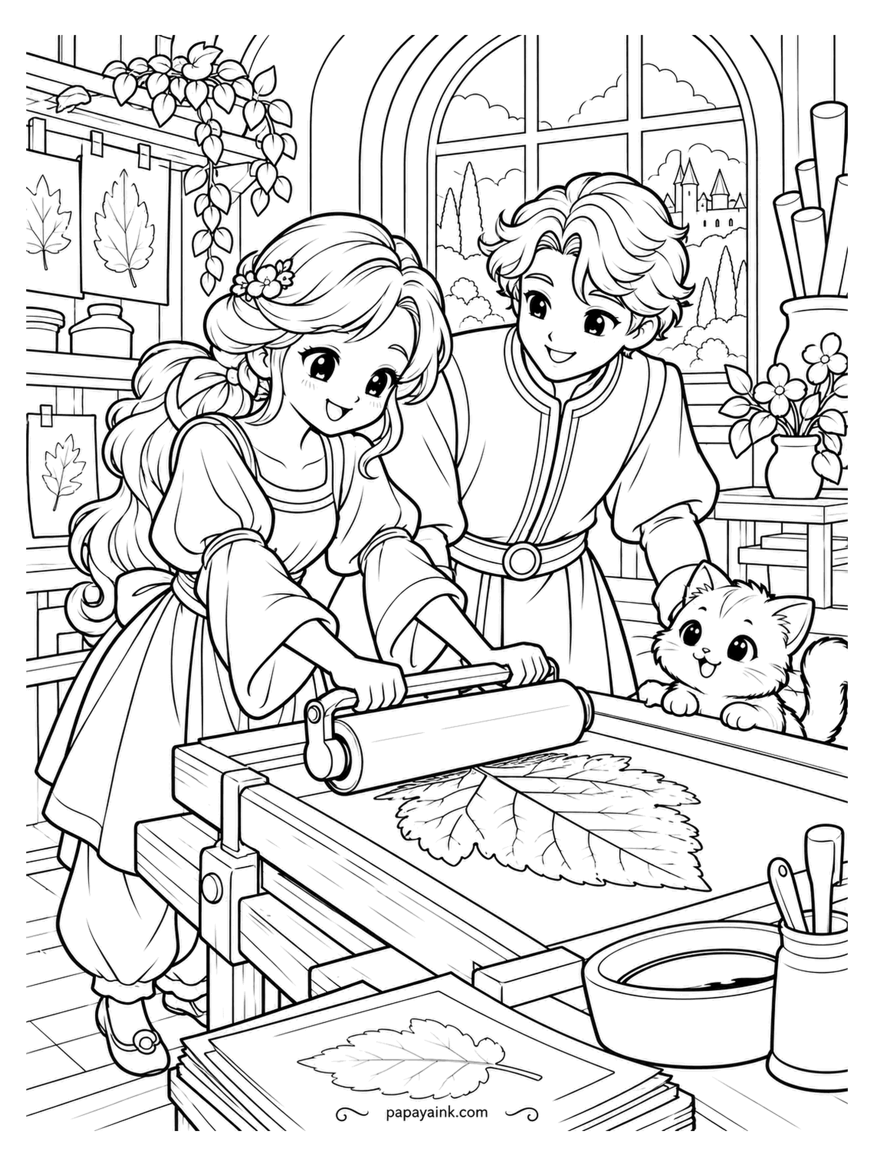 Kawaii Princess Coloring Pages - Leaf printing, castle edition. The princess rolls the press across an inked leaf, the prince feeds the paper through, and earlier prints are drying on the shelf. The kitten is close enough to get inked. Detailed - a workshop full of small things.