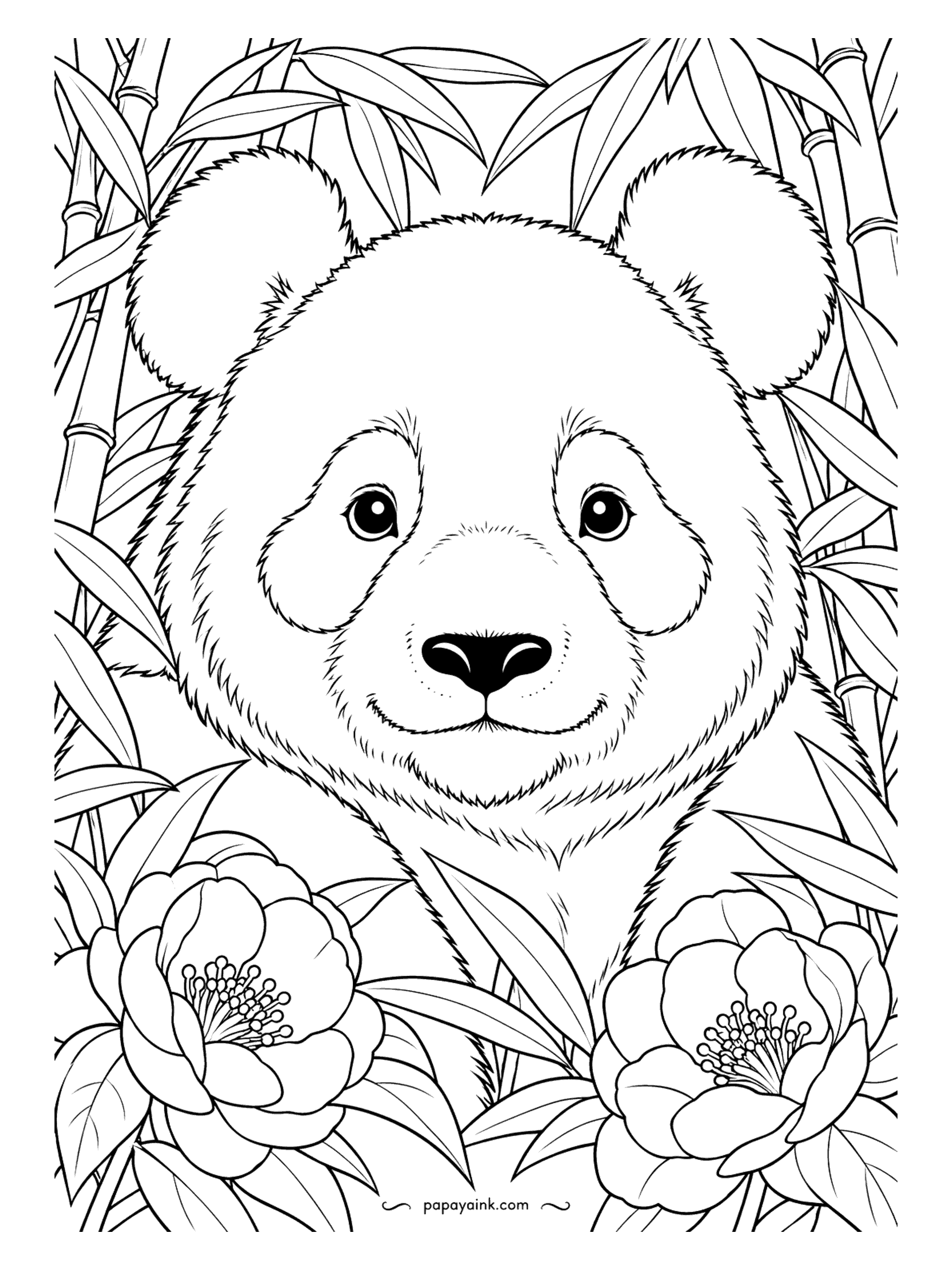 Panda Coloring Pages - Face to face with a giant panda, its eyes level with yours, peonies and bamboo filling the edges. Work the fur in the direction the strokes already run and the face will shade itself. Detailed.