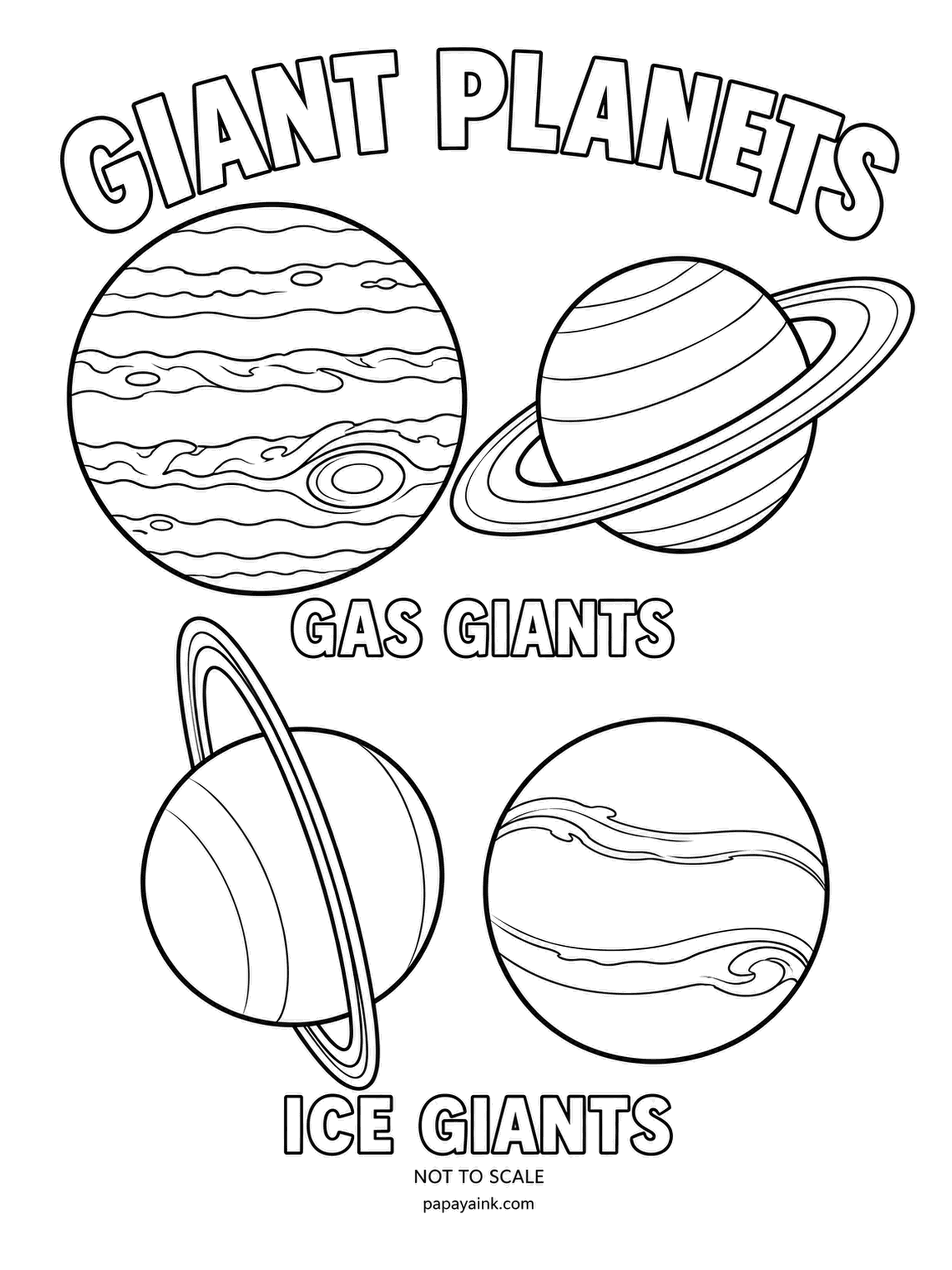 Planet Coloring Pages - Giant planets in two pairs: Jupiter and Saturn, the gas giants, above; Uranus and Neptune, the ice giants, below. Warm stripes of cream and rust for the upper row, cool teal and indigo for the bottom. Detailed.
