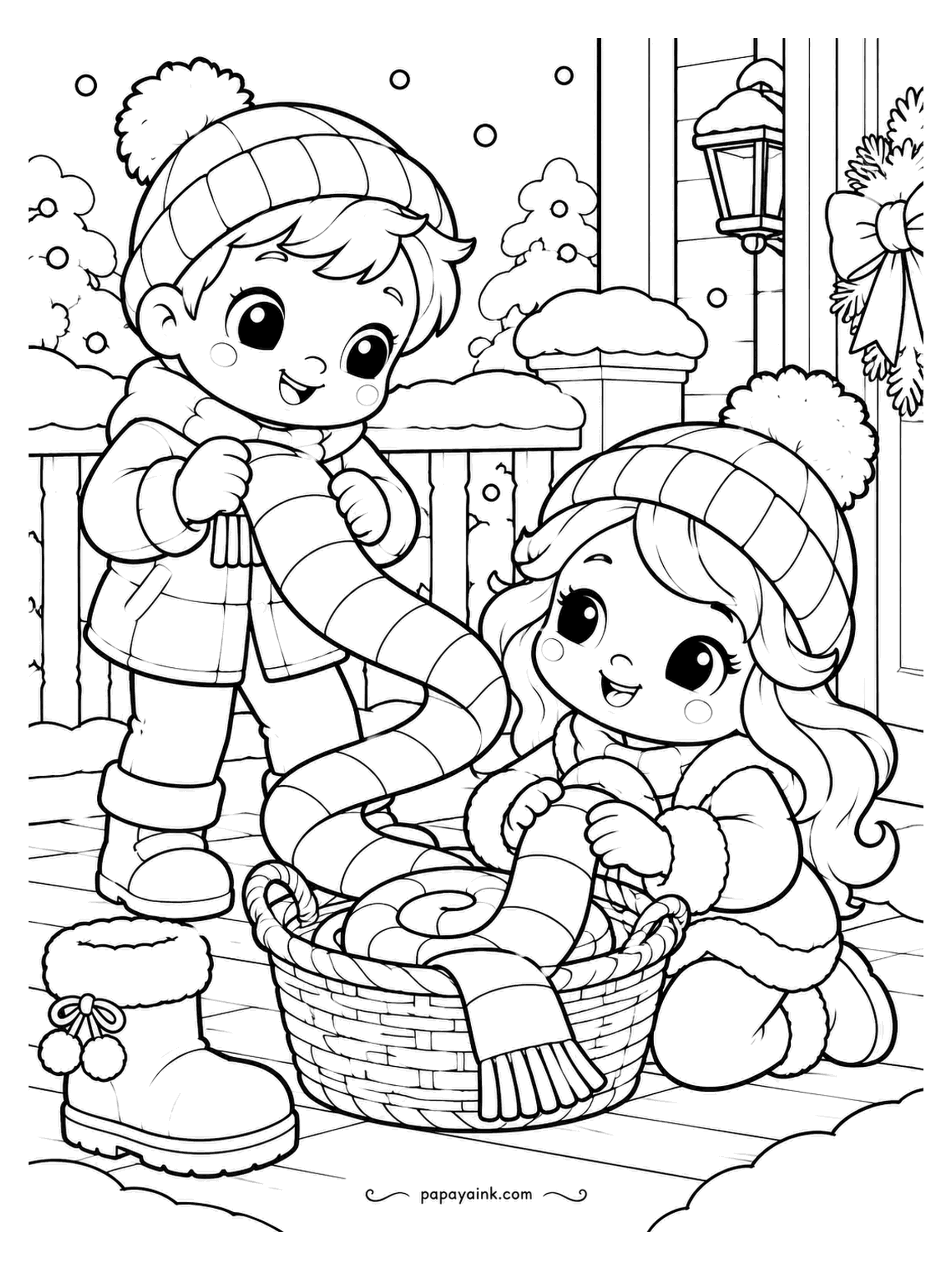 Cute Winter Coloring Pages - Longer than the porch, that scarf. A boy keeps pulling while a girl feeds it out of the basket, and nobody knows where it ends. Lantern and wreath by the door. Stripe it in as many colors as you have pencils.