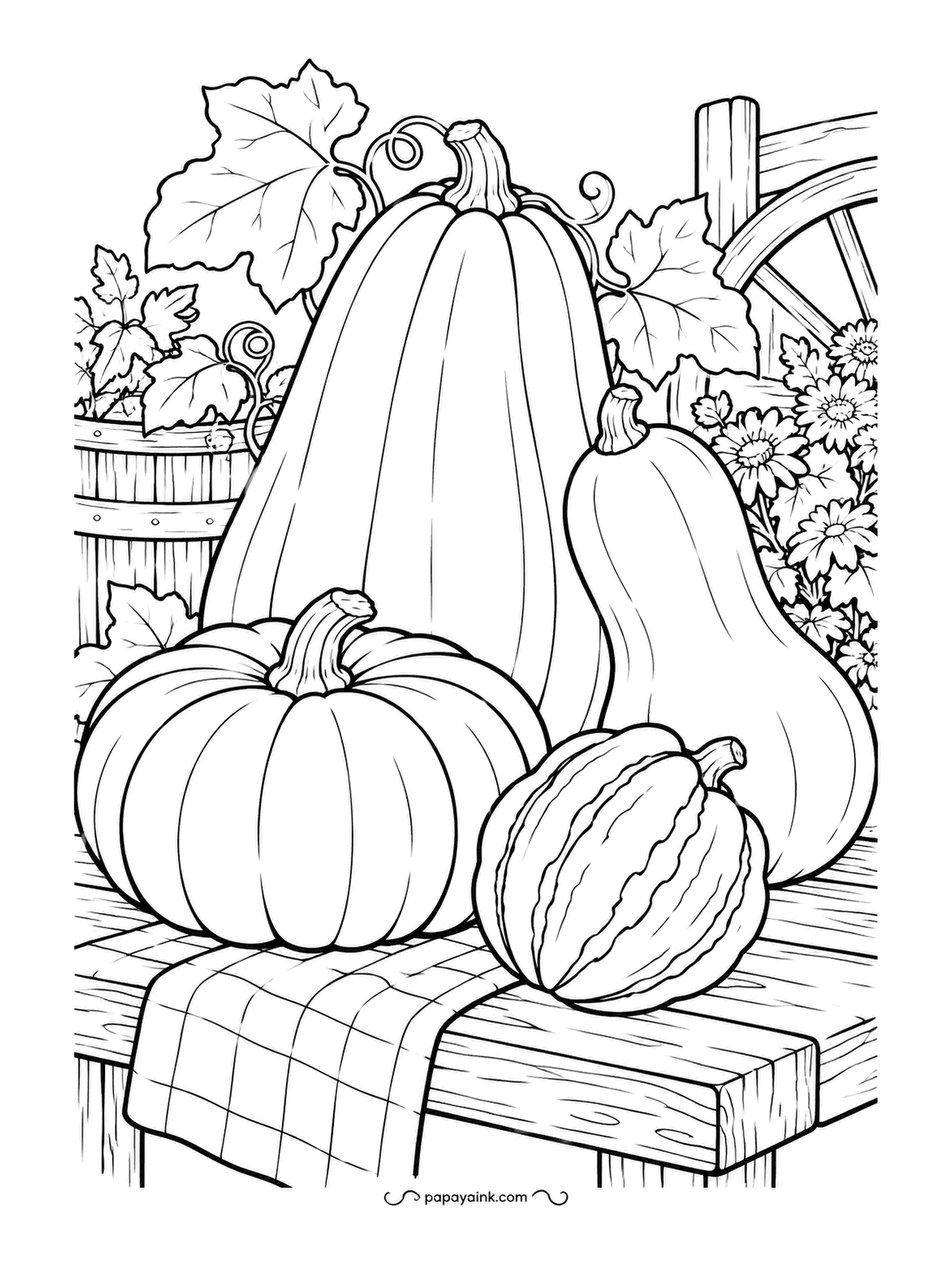 Farm Coloring Pages - Squash of four kinds crowded onto a checked cloth on a plank table: a tall ribbed one, a butternut, a pumpkin and a striped carnival squash. Each wants a different color, from cream to deep orange to green.