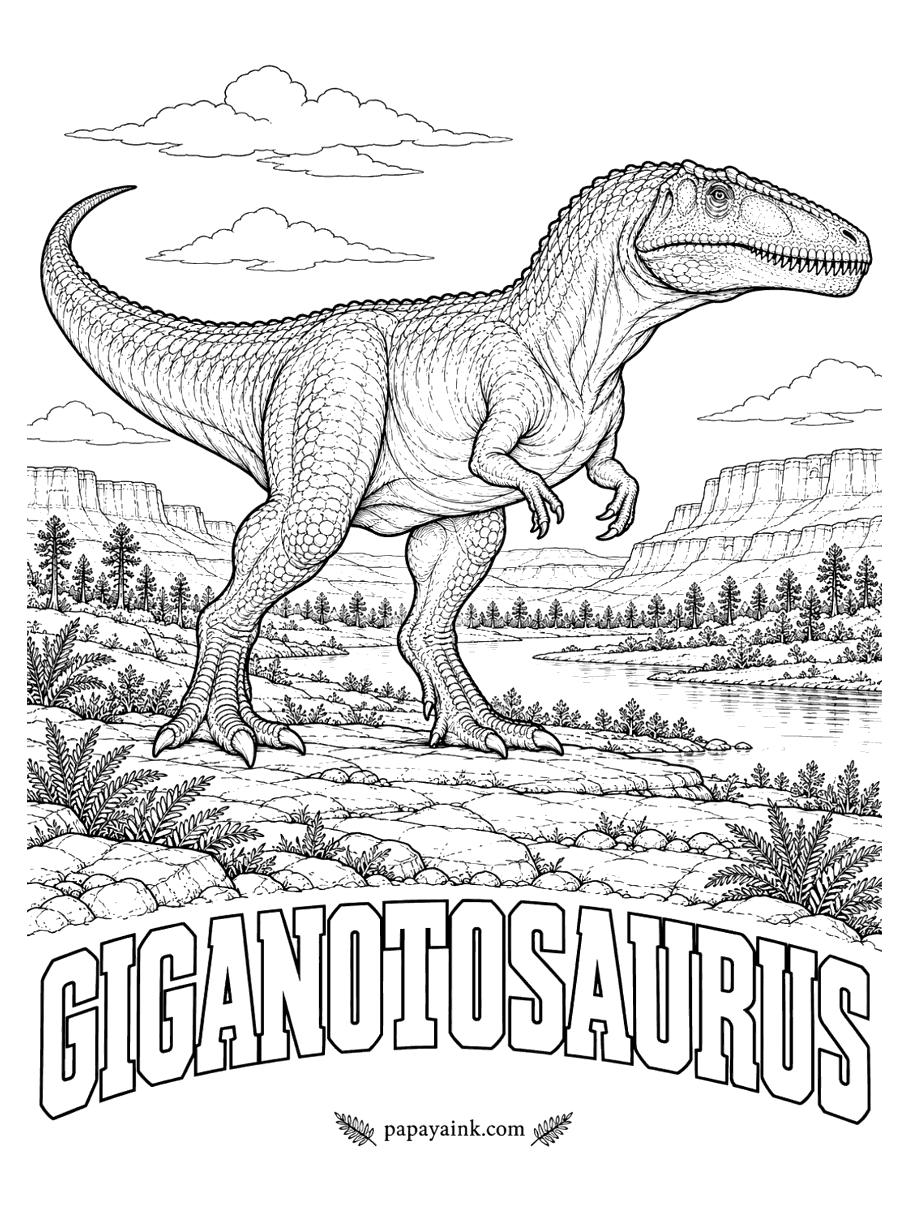 Free Printable Dinosaur Coloring Pages - A mechanic who hunted fossils as a hobby found this giant in Patagonia in 1993. Giganotosaurus (gig-uh-NOTE-oh-SORE-us, giant southern lizard) was a meat-eater about 41 feet long, a rival to T. rex in size though it lived more than 30 million years earlier. Argentina, roughly 100 million years ago.