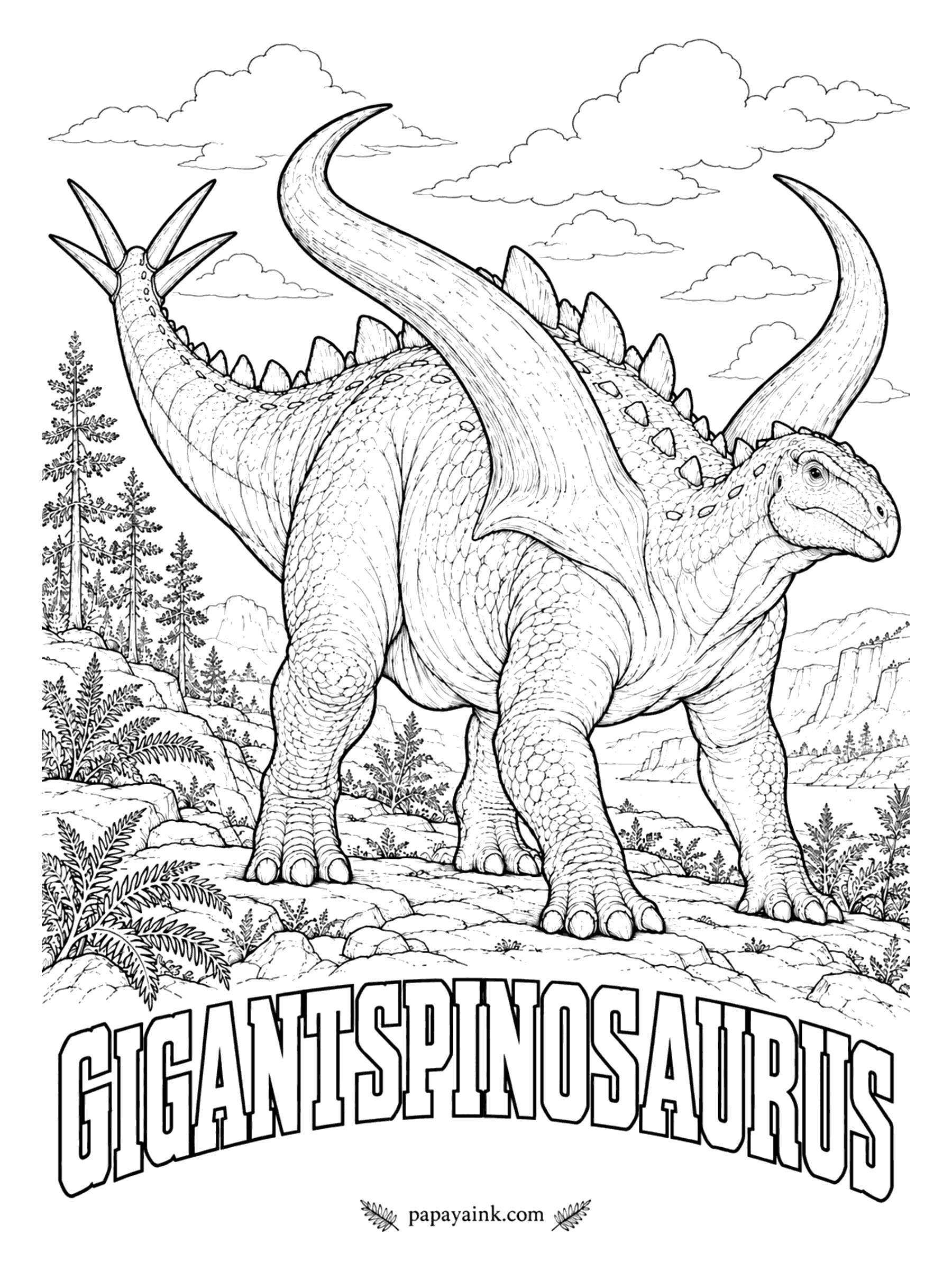 Free Printable Dinosaur Coloring Pages - Look at the shoulders: one enormous curved spine on each side, far bigger than any of the plates on its back. Gigantspinosaurus (jy-GANT-spy-no-SORE-us, giant-spined lizard) was a small stegosaur, a plant-eater about 14 feet long. China, about 160 million years ago.