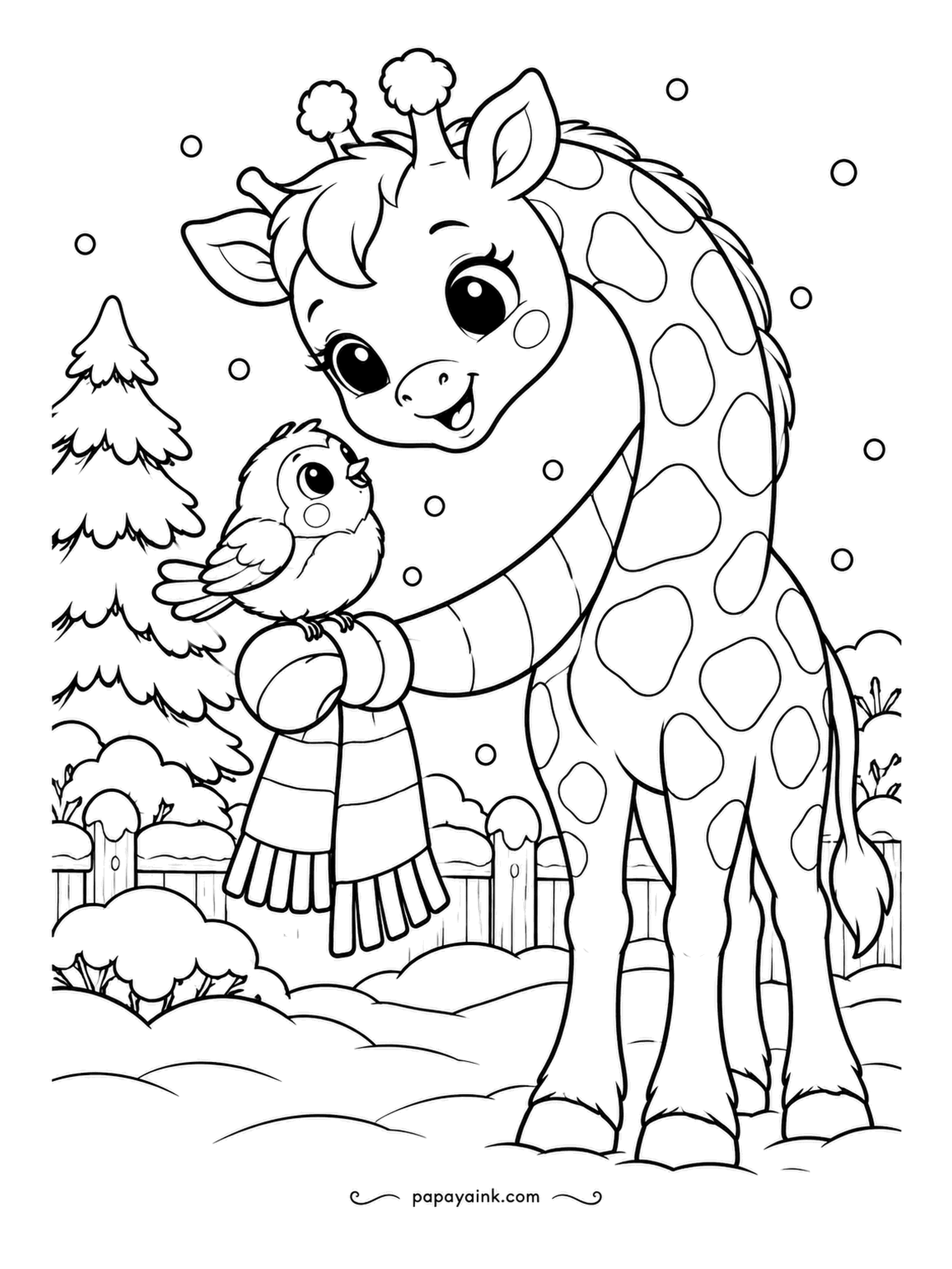 Cute Winter Coloring Pages - Giraffe neck, robin perch. The giraffe in a long striped scarf bends down to the small bird sitting on her knitted sleeve, flakes falling. Fence and firs beyond. Orange spots, stripes in the wool, and the robin's red breast.