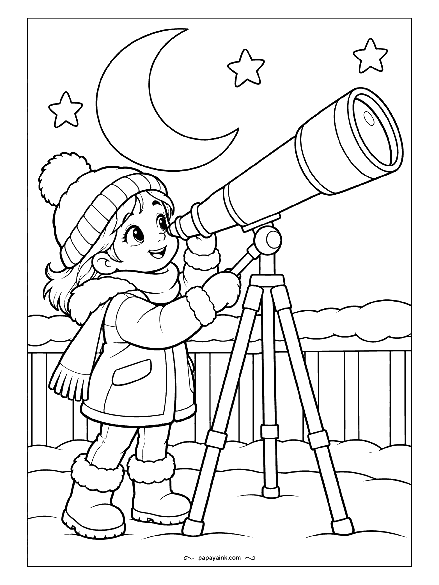 Free Printable Winter Coloring Pages - A telescope on a tripod, a crescent moon and three stars overhead, and a girl in a fur-trimmed coat who has found something. The fence line marks the yard. Fill the sky dark and leave the moon and stars untouched.