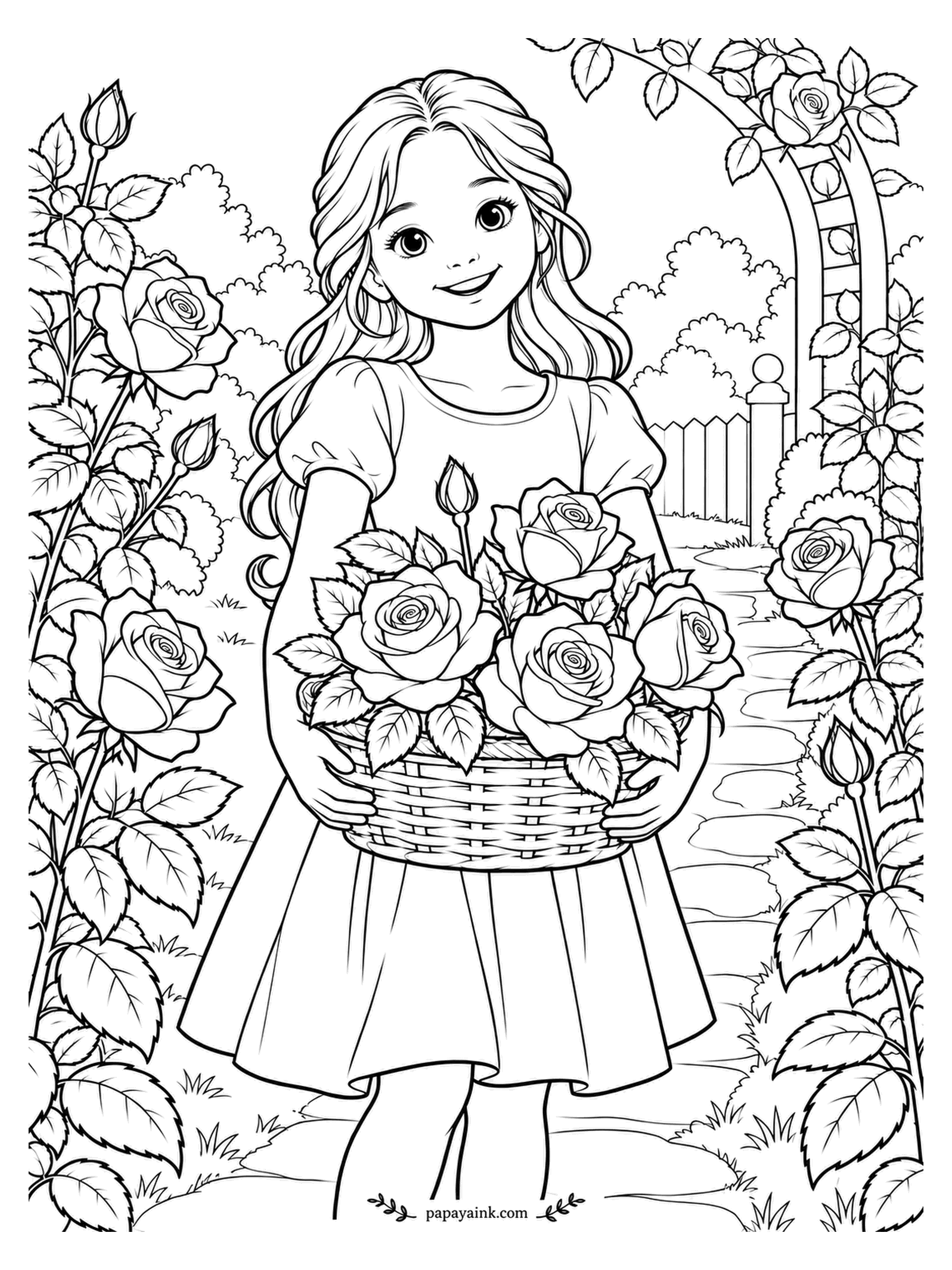 Rose Coloring Pages - Halfway down the path with a basket almost too big to hold. The little girl has clearly done the picking herself and wants everyone to see. Bushes on both sides, an arch at the far end - lots to fill.