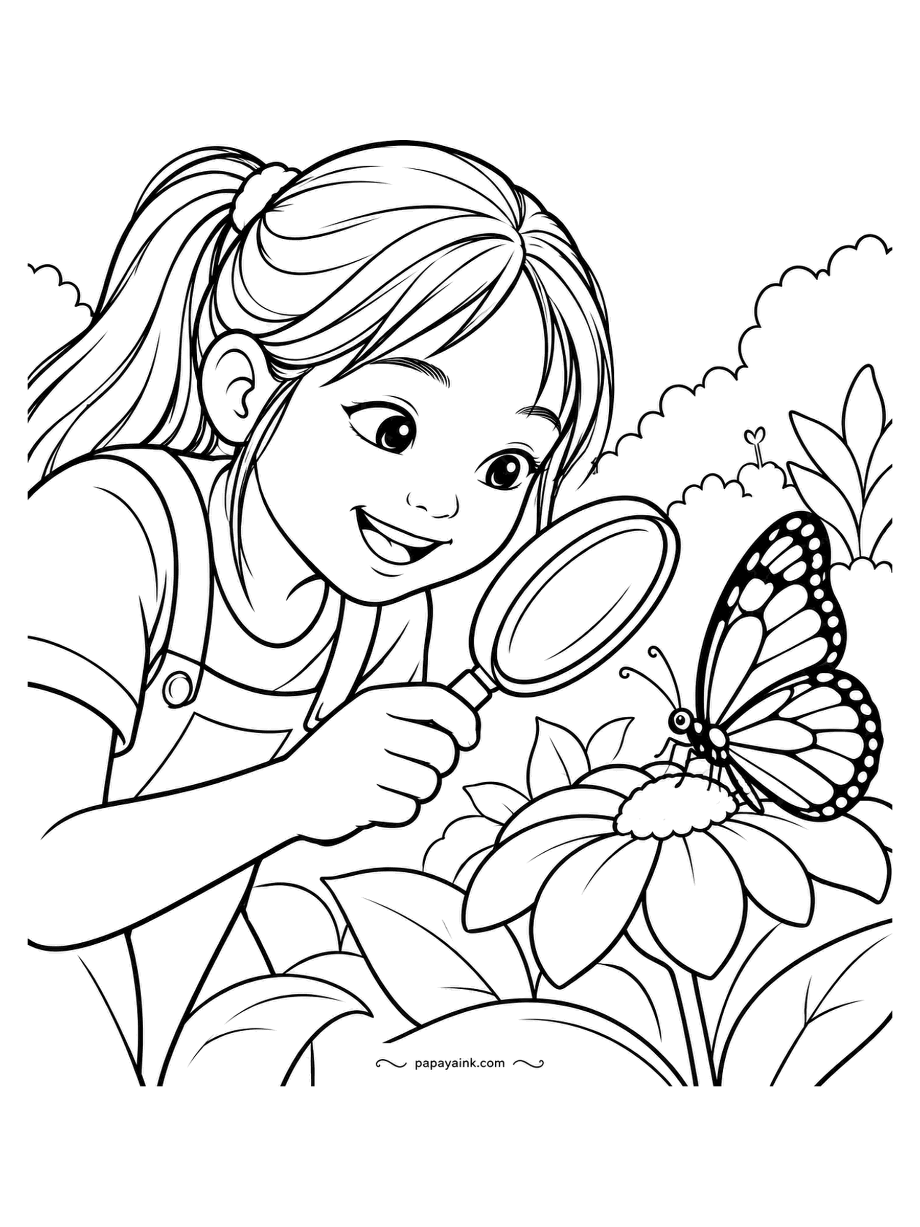 Garden Coloring Pages - Magnifying glass in hand, a girl with a high ponytail leans in to study a monarch resting on a coneflower. Draw the glass as a clear circle with a thin highlight, color the butterfly through it, and the lens will look real.