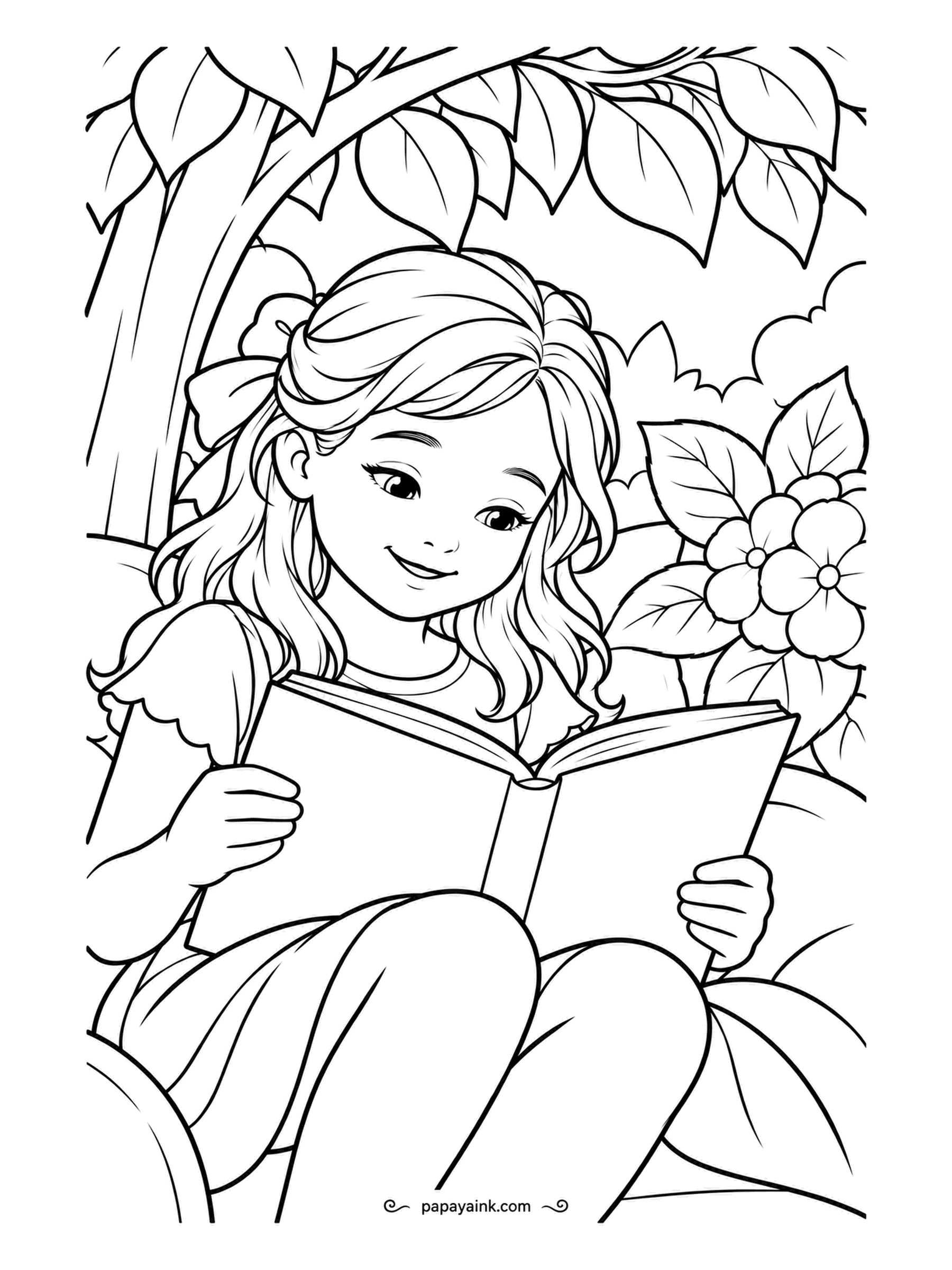 Garden Coloring Pages - Tucked under a leafy branch with a hydrangea at her elbow, a girl reads with her knees drawn up and a bow in her hair. The leaves overhead go dark green to make a cool, shaded corner; the book cover takes any bright hue.
