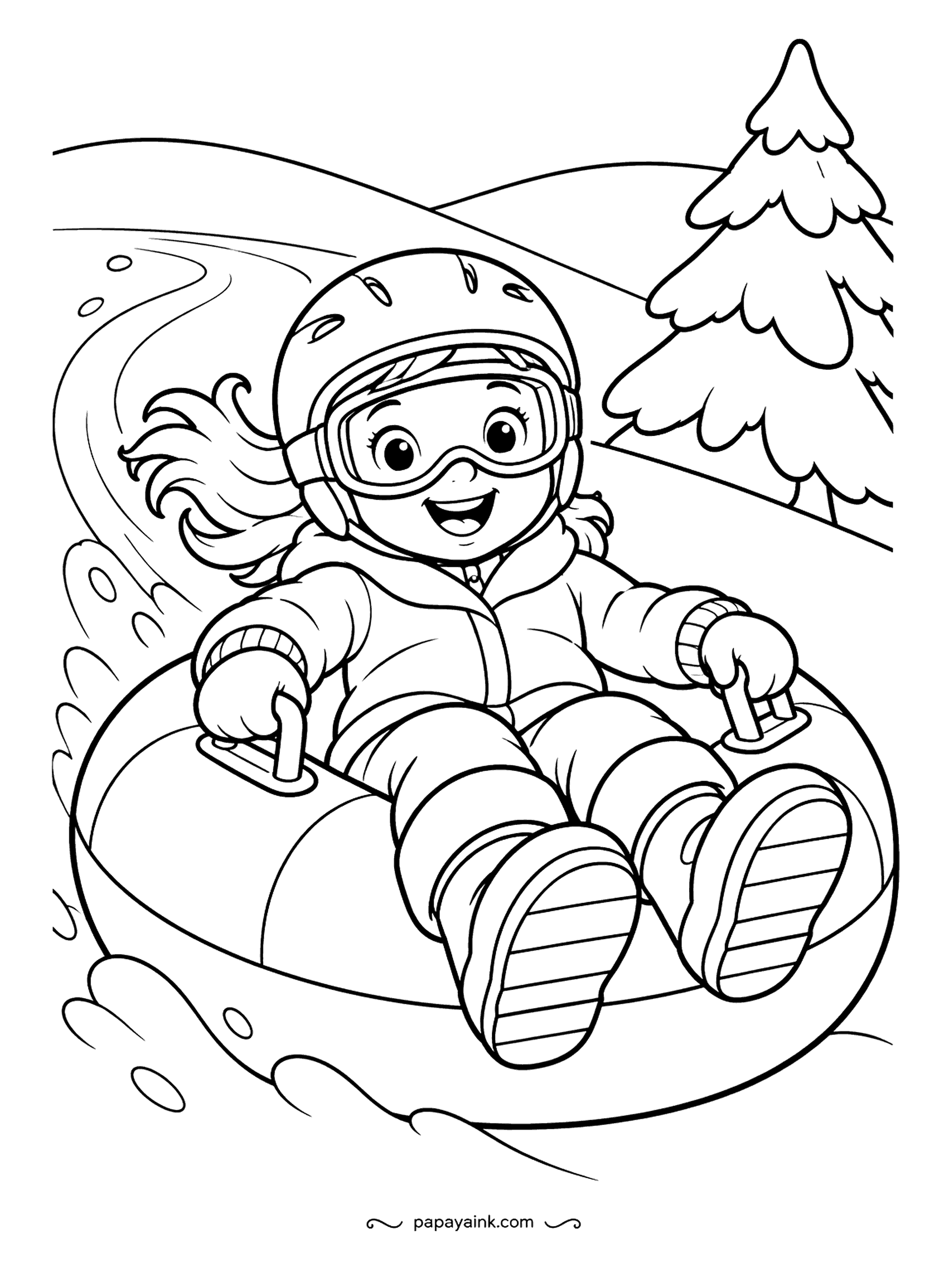 Free Printable Winter Coloring Pages - Goggles down, grips held, boots in the air and the tube going faster than planned. A single fir and the curve of the run are all the background there is. Big simple shapes; a bright tube and jacket carry the page.