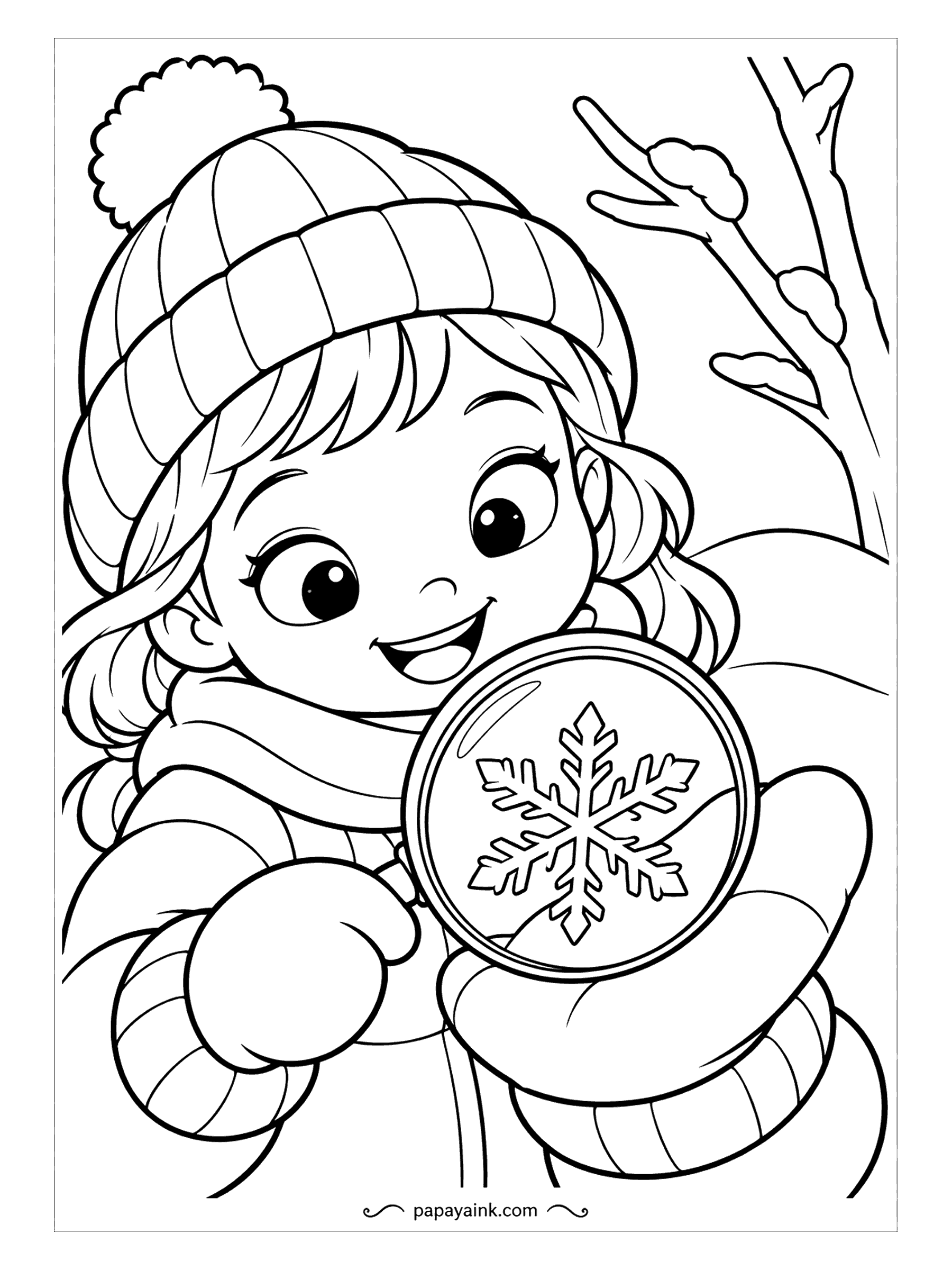 Free Printable Winter Coloring Pages - One snowflake under the glass, filling the lens, and a face that has just found out they really are all different. The hat and scarf are the only other shapes. Draw more flakes in the empty sky if you like; it is yours.