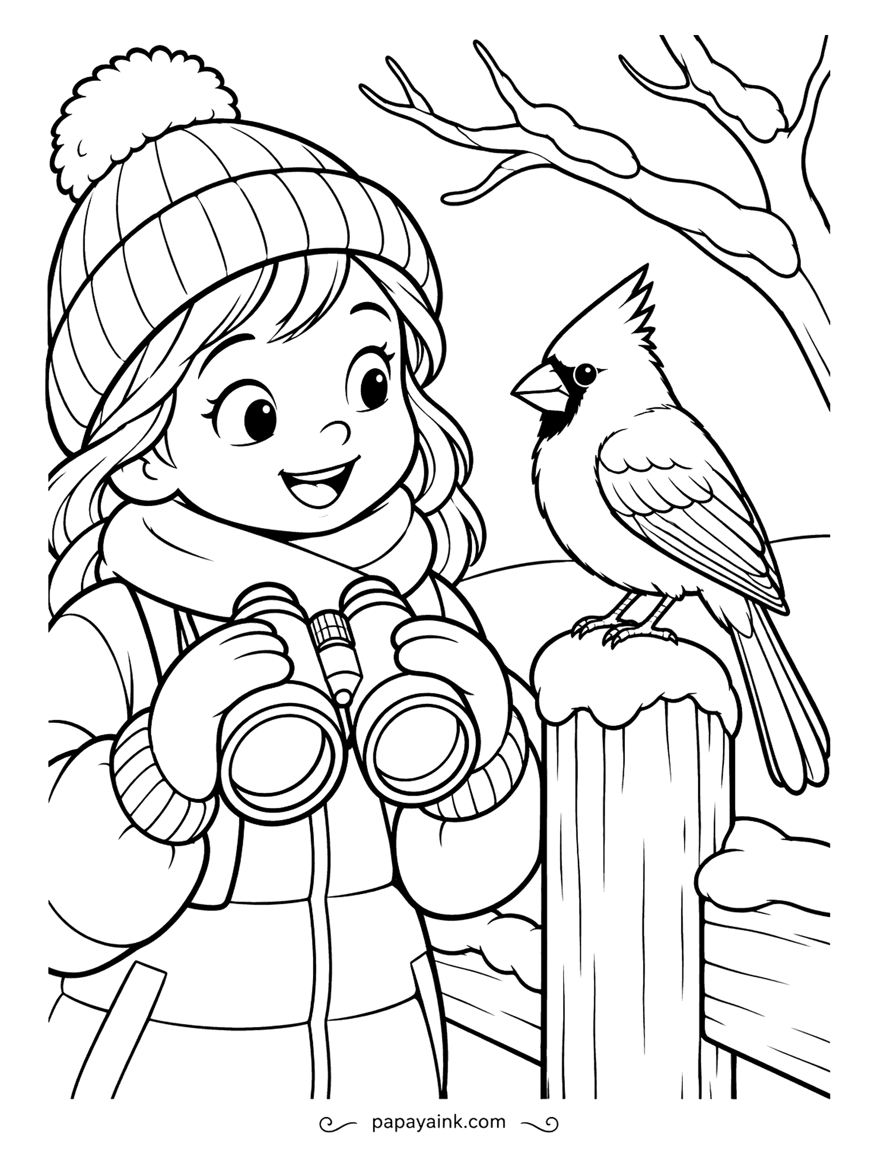 Free Printable Winter Coloring Pages - Binoculars lowered because the cardinal has landed on the fence post right beside her. A bare branch holds snow above. The bird is the one red thing on the page; keep everything else cool.