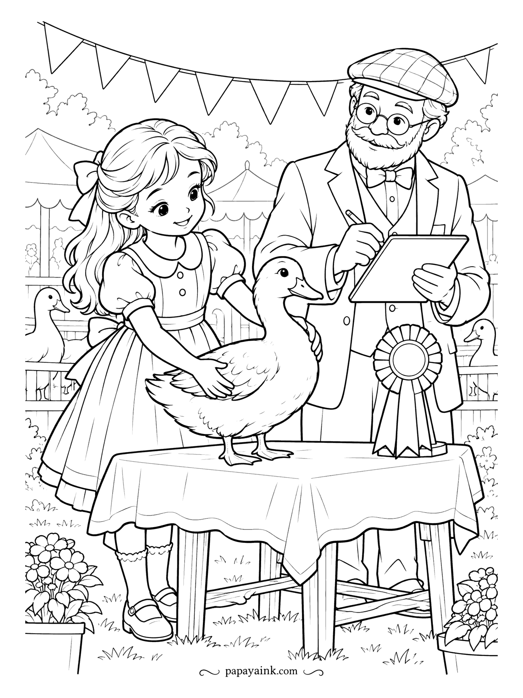 Duck Coloring Pages - Judging day at the fair. A girl holds her duck steady on the table while the judge in the flat cap takes notes, and the rosette ribbon waits nearby. Try a bright color for the bunting overhead.