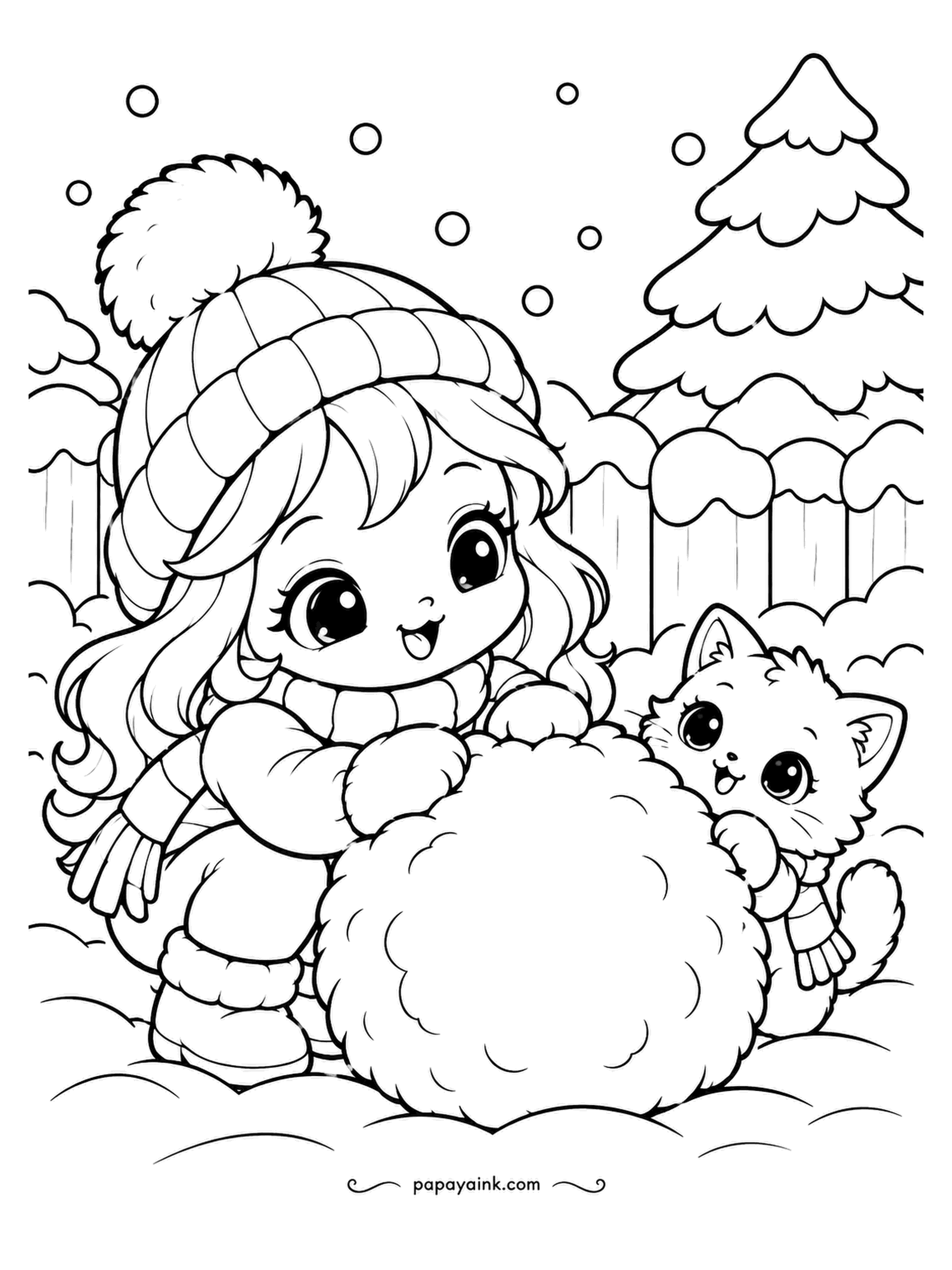 Kawaii Winter Coloring Pages - A wool pom-pom the size of a beach ball, and the girl is hugging it like it is a friend, which it is now. The kitten peers around the side. Choose one bright color for the pom-pom and let it own the page.