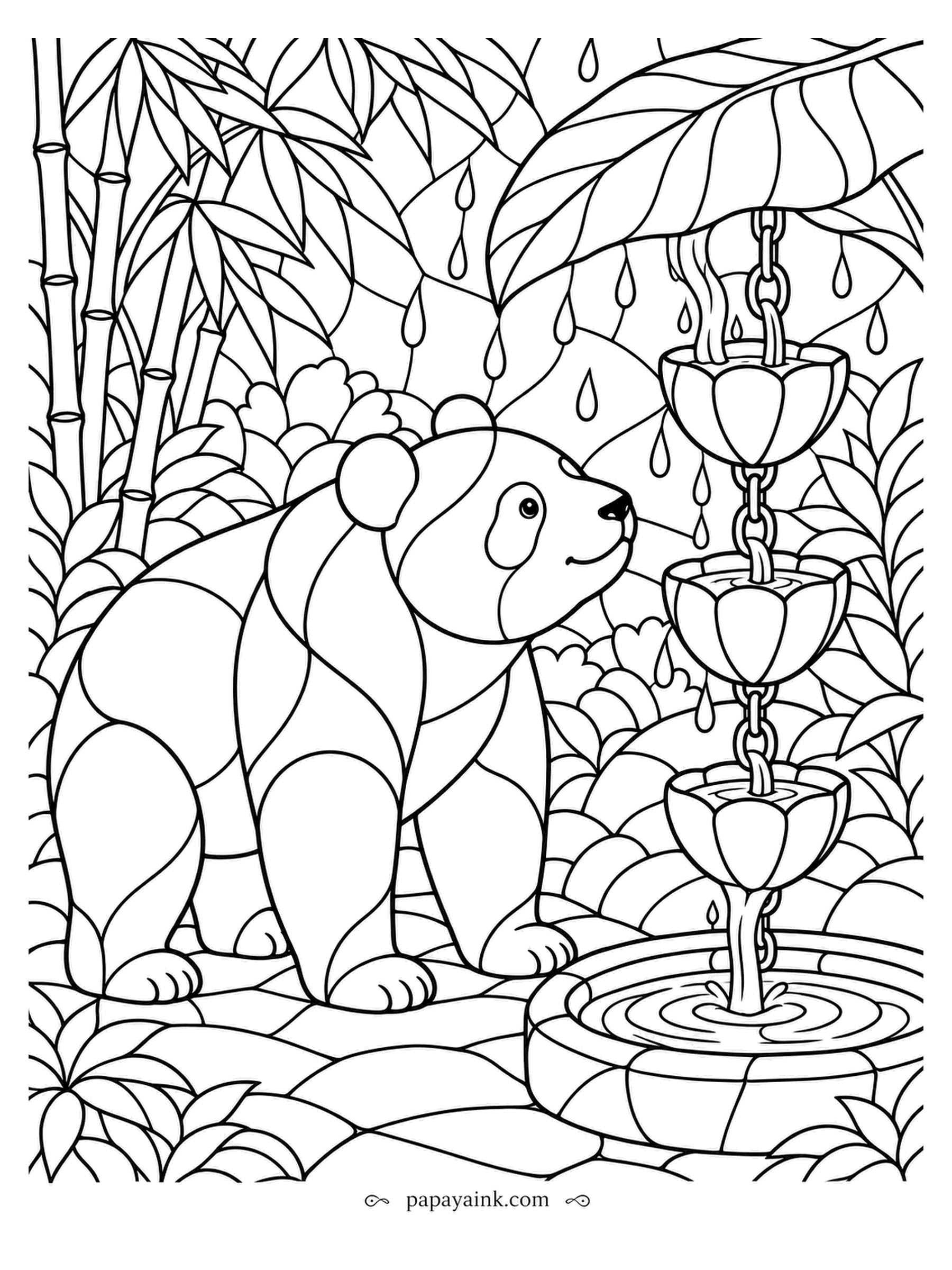 Panda Coloring Pages - A rain chain carries water from cup to cup down into a stone basin, and the bear watches each drop arrive. Every shape is a separate stained-glass cell, background included. Lovely in jewel tones.
