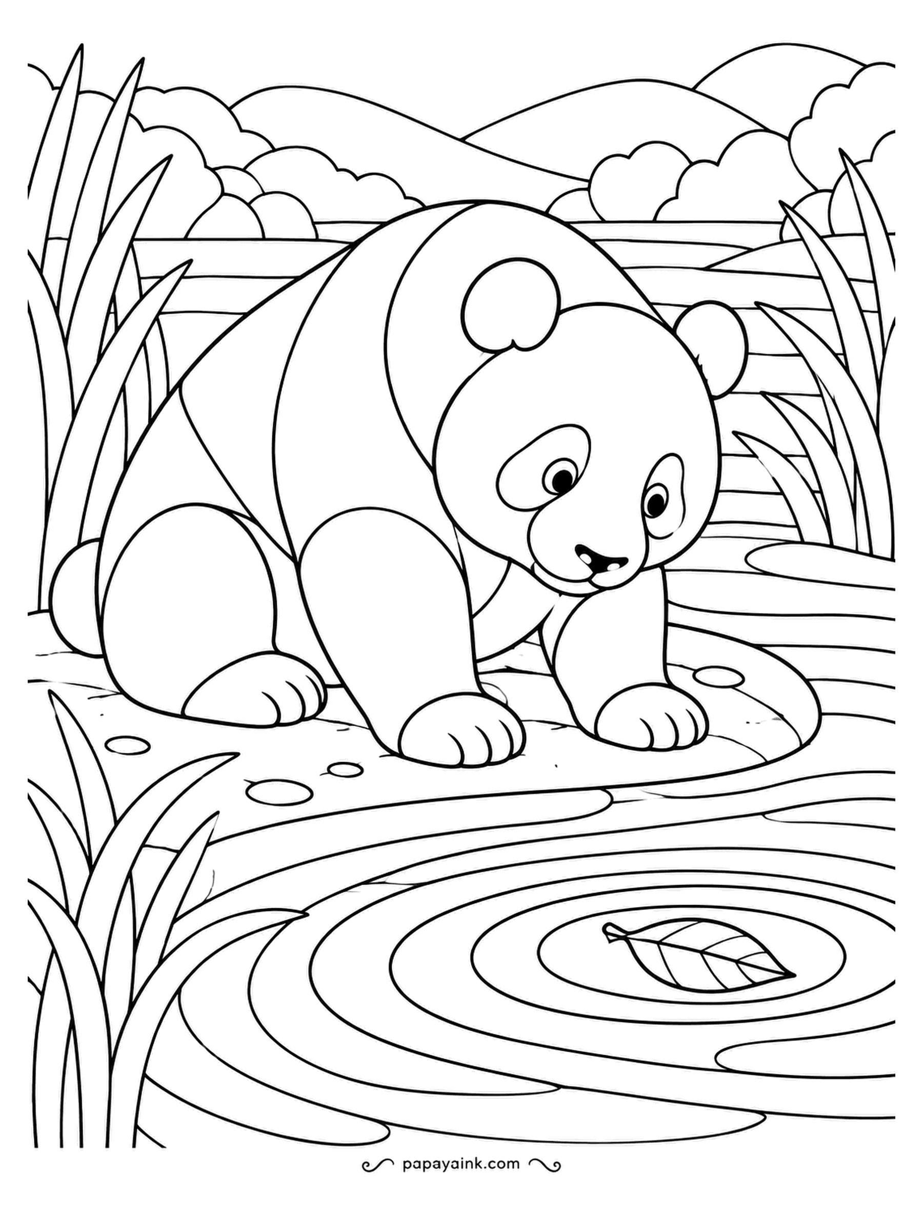 Panda Coloring Pages - A crescent of sand curls into the pond, and the panda crouches at its tip to watch a single leaf spin on the ripples. Reeds and hills sit behind. Stained-glass curves, calm and roomy.