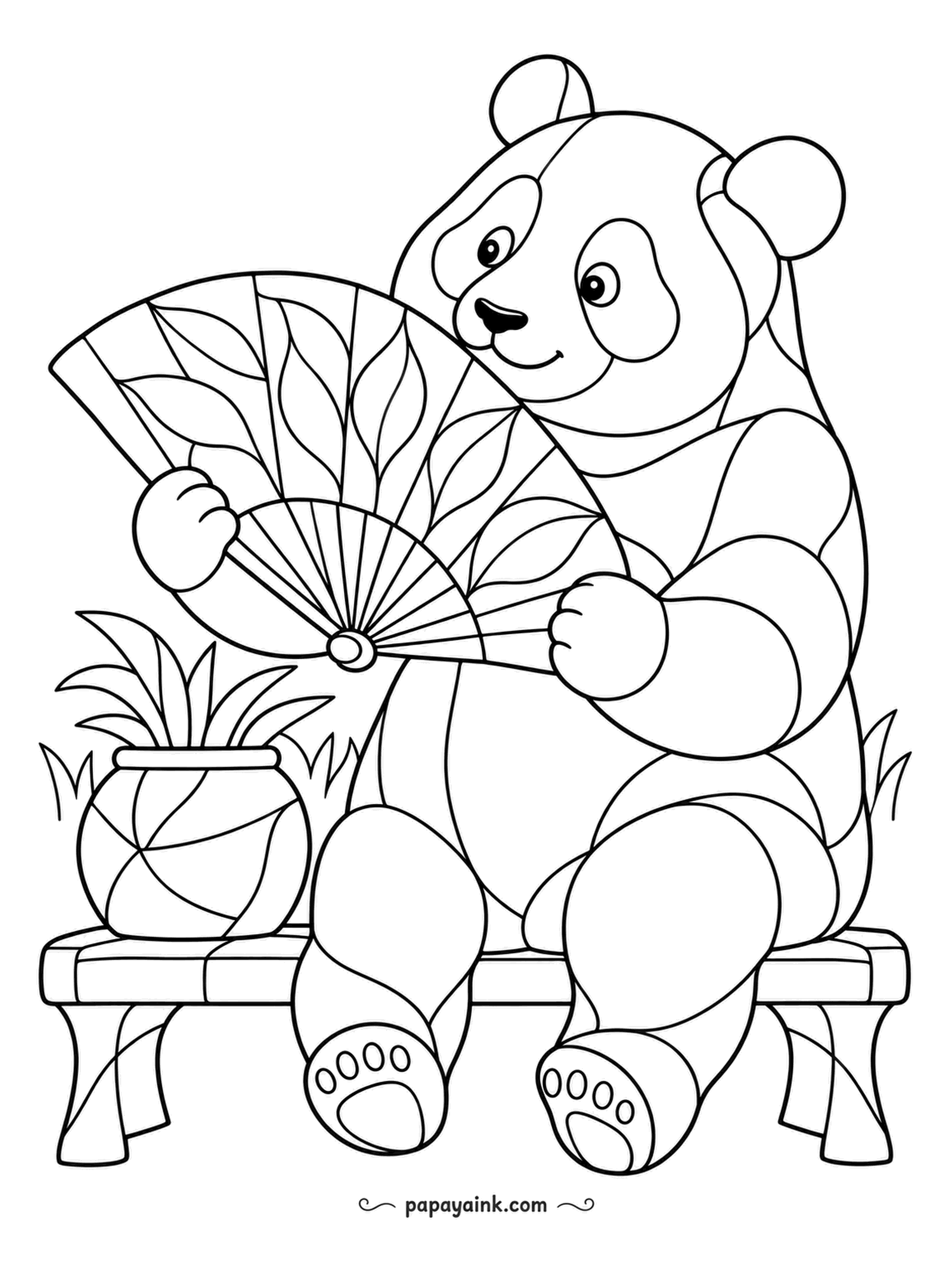 Panda Coloring Pages - A folding fan painted with leaves, opened with a flourish on a garden bench. The panda seems pleased with the effect. Stained-glass curves everywhere, from the potted plant to the paw pads.