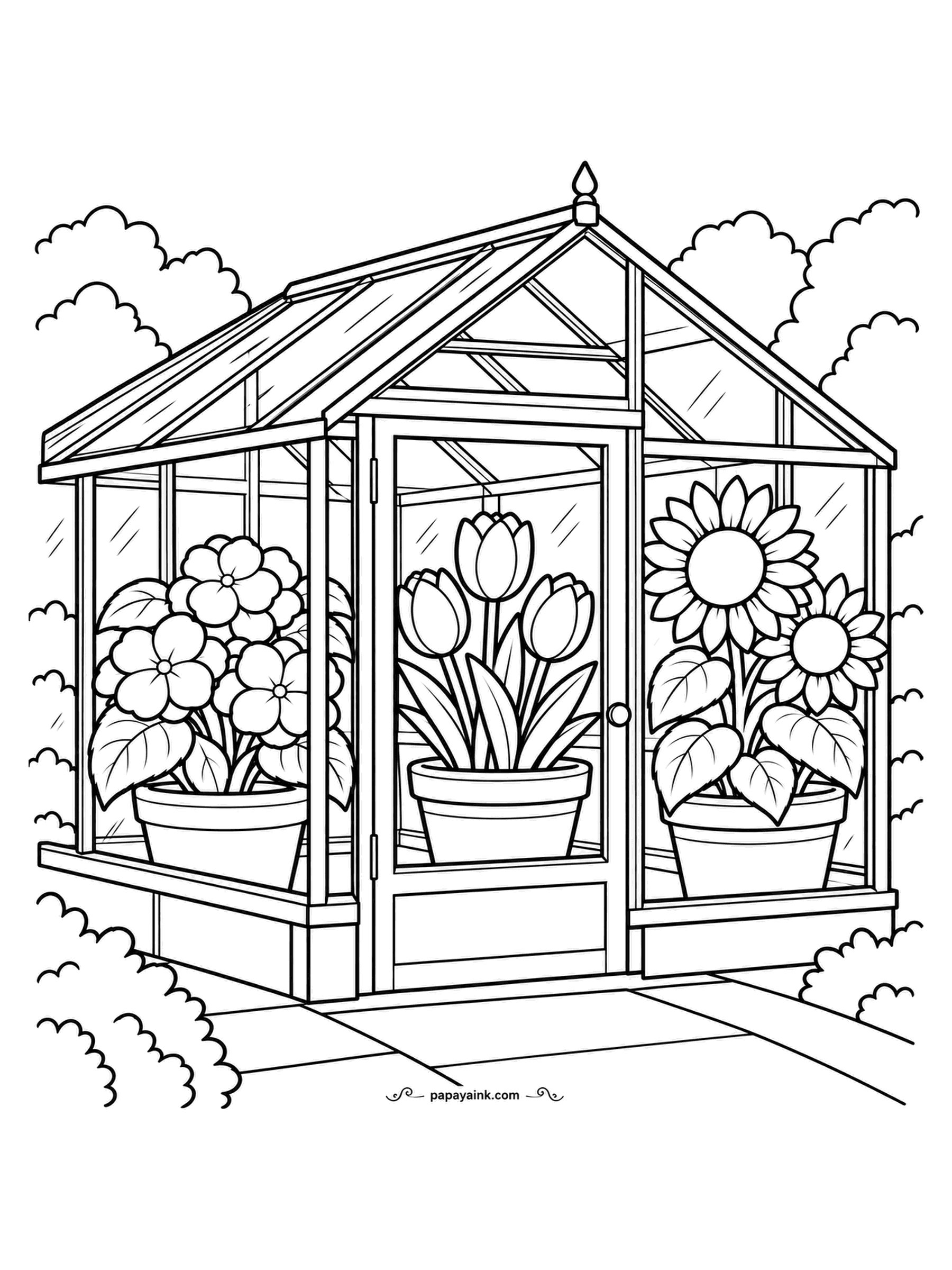 Garden Coloring Pages - Through the glass of a small greenhouse you can see potted hydrangea, tulips and a sunflower lined up on the bench inside. Keep the panes clear or barely tinted; a touch of blue along the roof edge suggests glass without hiding the plants.