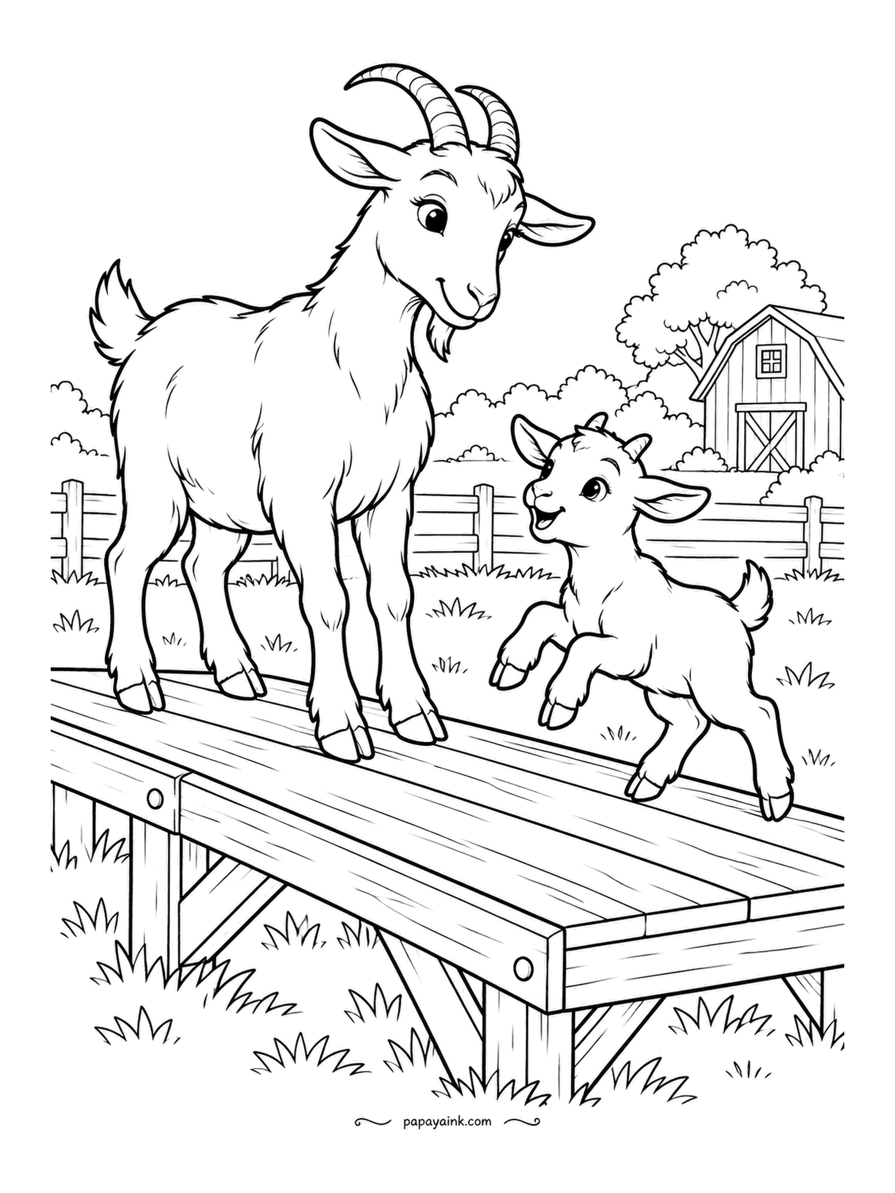 Farm Coloring Pages - Goat on a wooden platform with her kid mid-leap to join her, a barn and fence in the background. Goats climb anything, and a platform built for them is the only furniture they respect. Tan, cream or a mix; hooves and horns a darker gray.
