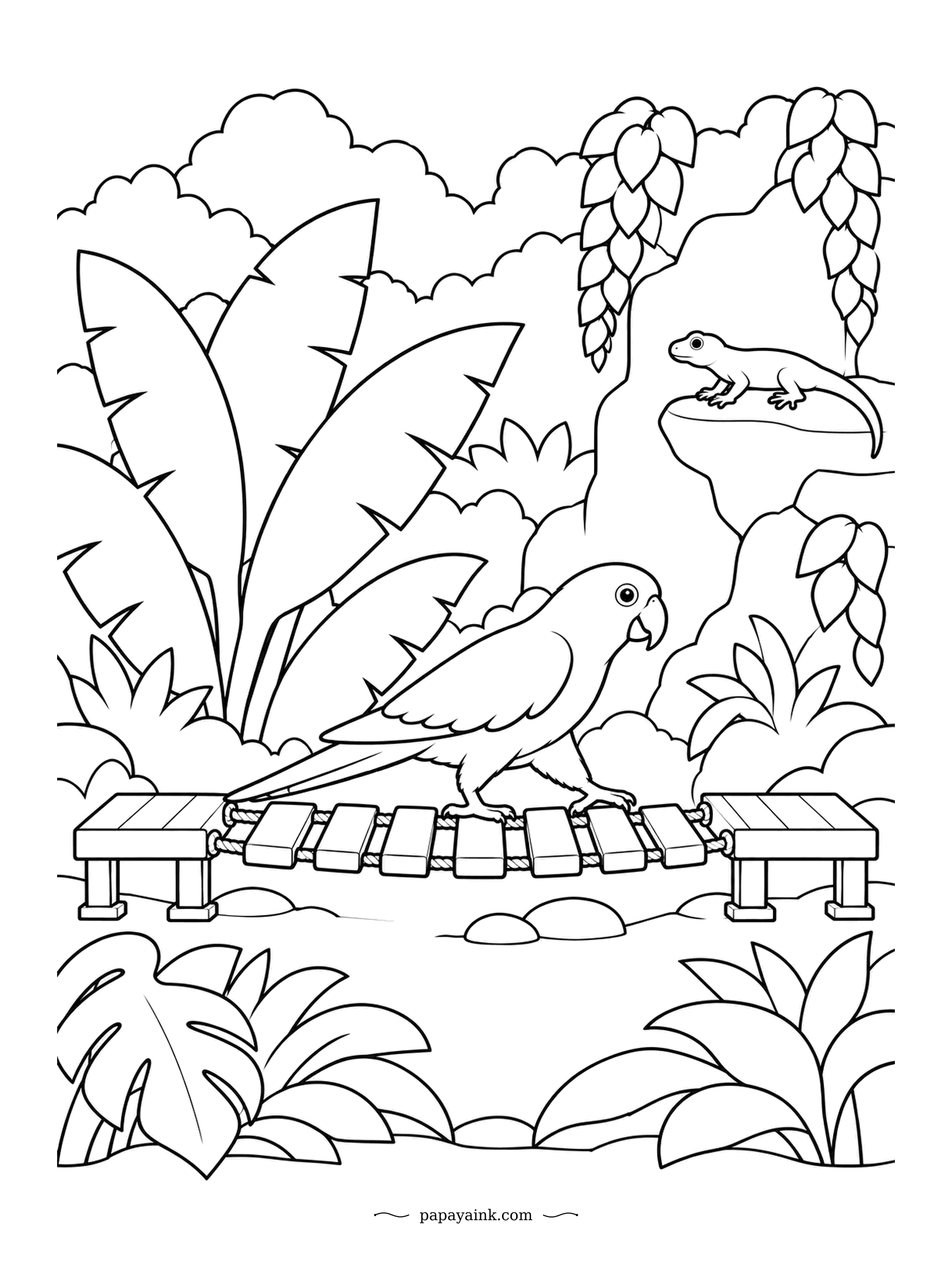 Parrot Coloring Pages - Plank by plank across the rope bridge. The golden conure takes it slowly, while a lizard on a ledge watches the crossing. Big tropical leaves and smooth outlines, a relaxed page for any age.