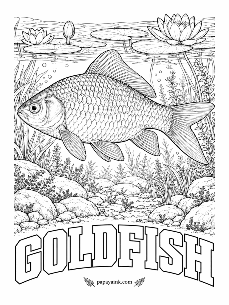 Fish Coloring Pages - Every goldfish alive descends from a drab Asian carp that Chinese breeders began picking over a thousand years ago for the odd orange one. This one cruises under the lily pads trailing bubbles. Orange is only the start: try white, calico or a deep red.