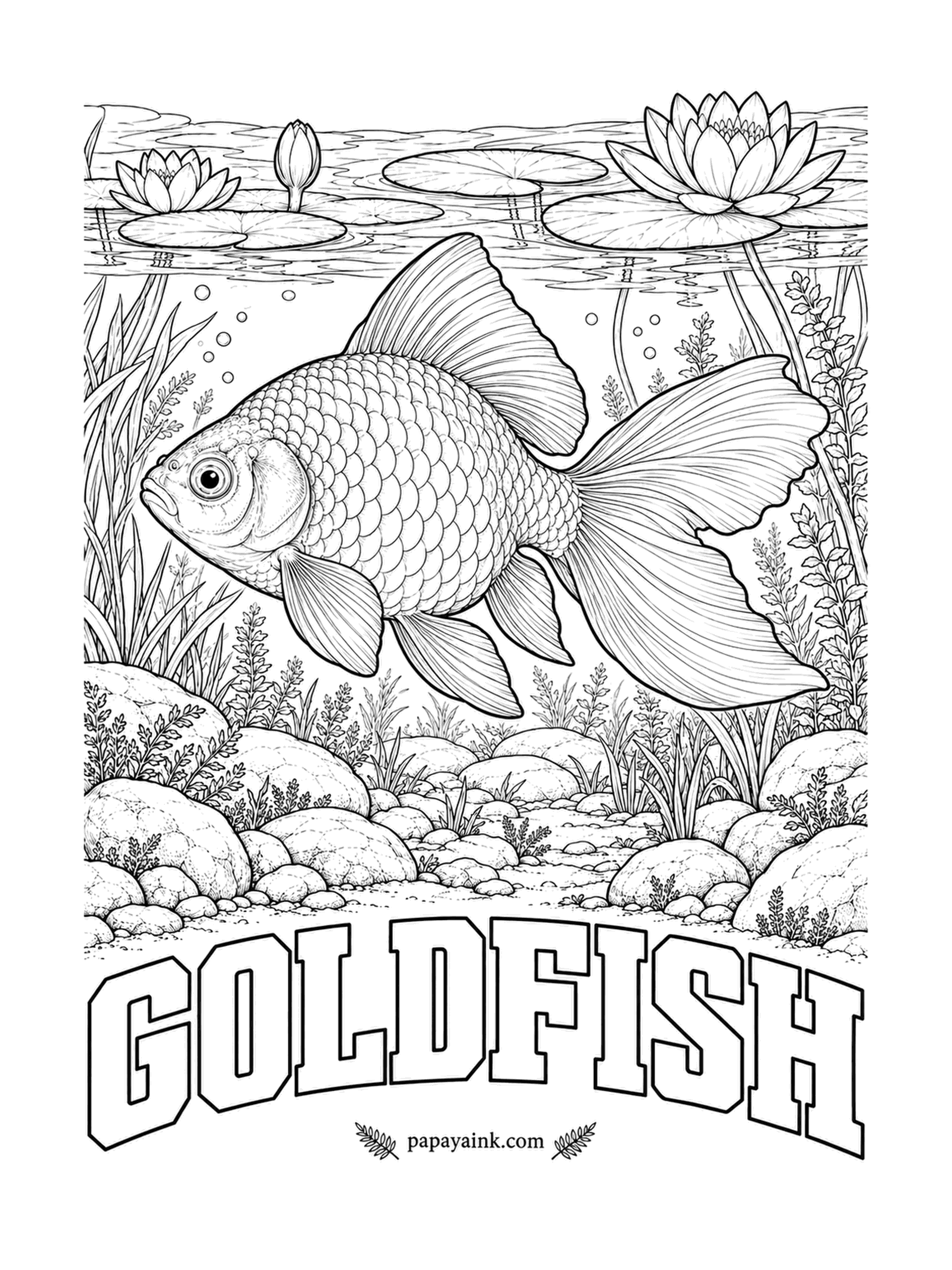 Fish Coloring Pages - Every goldfish alive descends from a drab Asian carp that Chinese breeders began picking over a thousand years ago for the odd orange one. This one cruises under the lily pads trailing bubbles. Orange is only the start: try white, calico or a deep red.