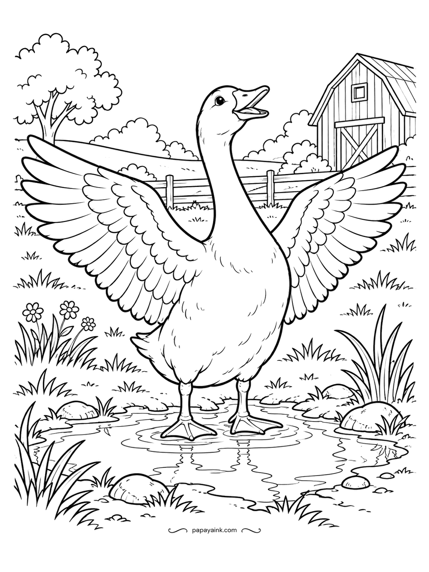 Farm Coloring Pages - Goose with both wings spread wide beside a puddle, beak open, announcing something to the barn. The feathers are drawn row by row, so a light gray on the undersides gives the wings depth. Orange feet and beak, and the body left as paper.