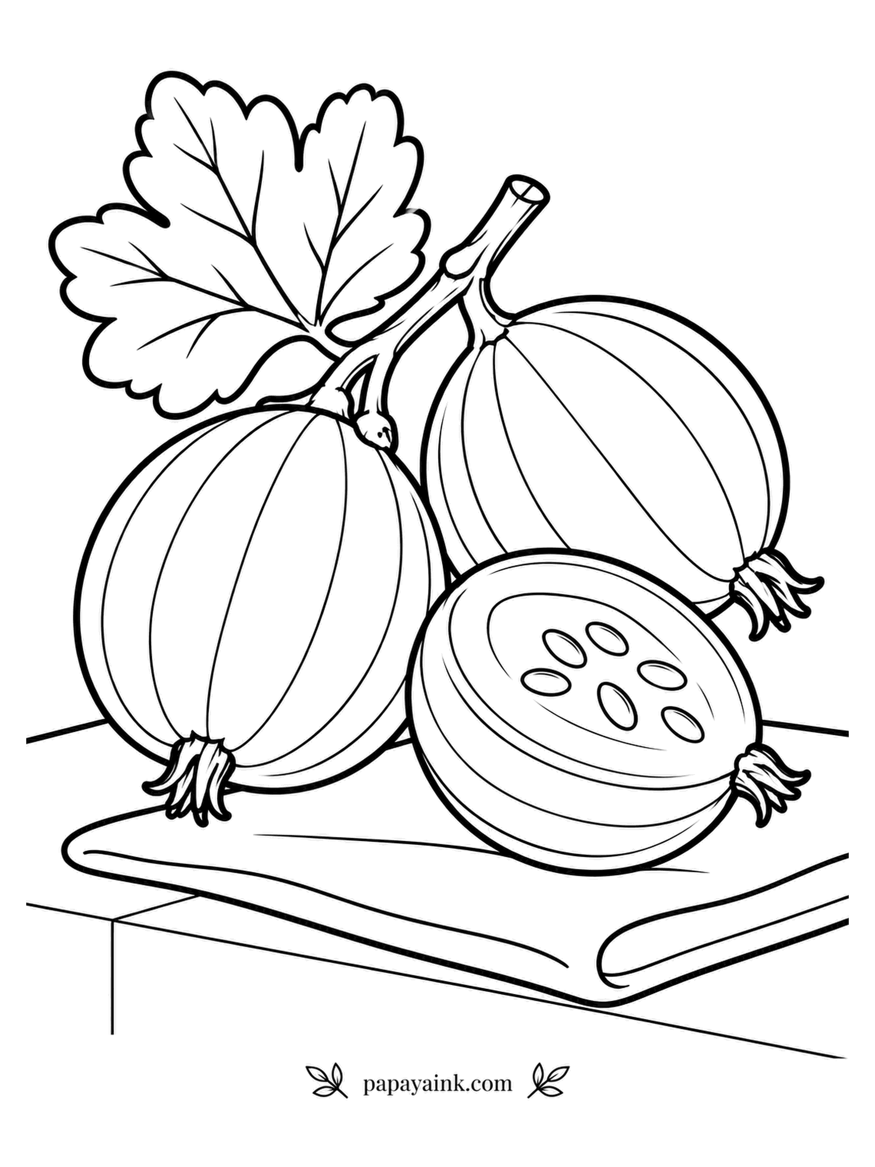 Fruit Coloring Pages - Hold a ripe gooseberry up to the light and you can see fine pinstripes running from end to end, and a dry tuft of old flower at one tip. In England it goes into a dessert called a fool. They rest on a folded cloth beside a lobed leaf. Pale green or blush pink.