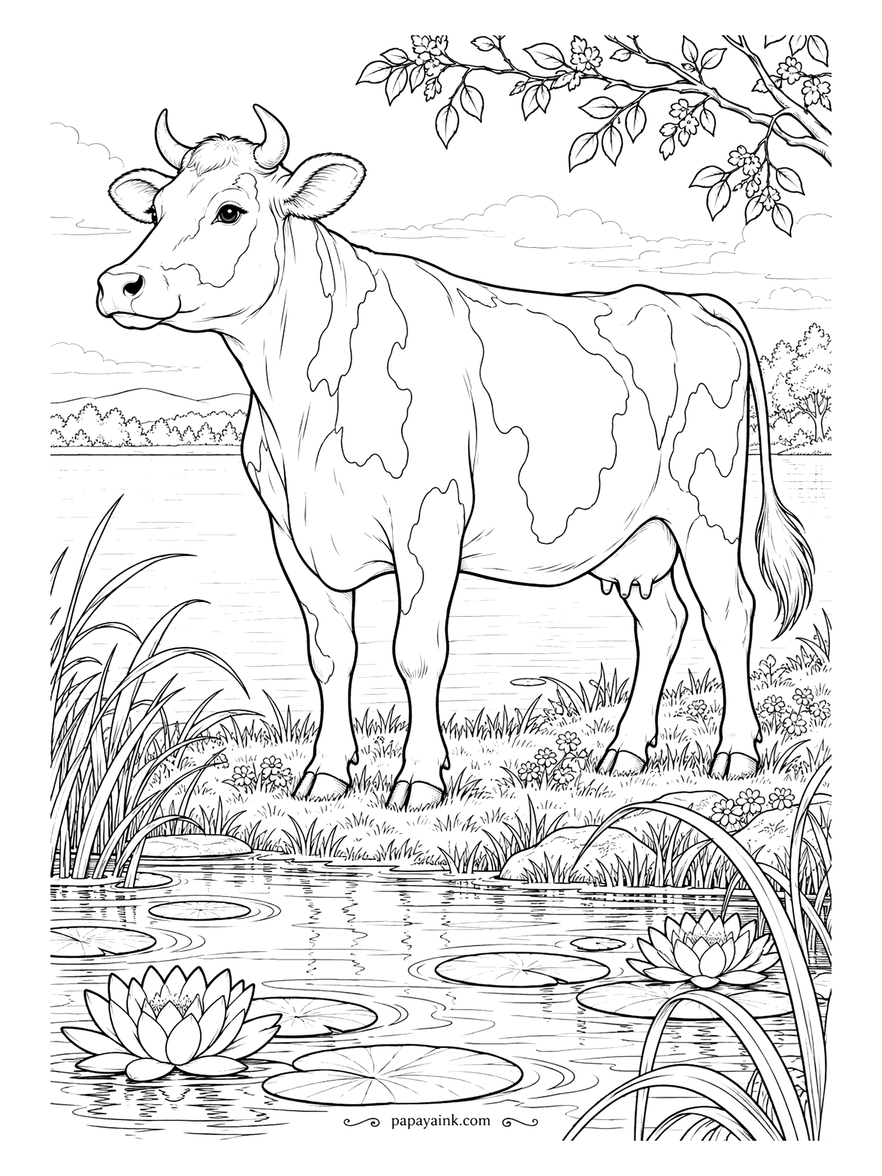 Cow Coloring Pages - Standing at the water's edge with lily pads floating out across the lake and a flowering branch overhead. The reflection lines are already drawn into the water; use a lighter version of the sky color there and the lake comes to life.