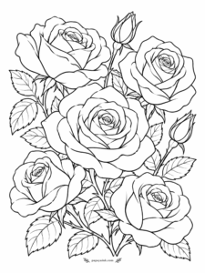 Rose Coloring Pages - Five garden roses crowd one frame, each opened to a slightly different stage, with two tight buds still waiting their turn. Big petals and clean outlines - a relaxed sheet for blending one color from the heart of each flower to a pale rim.