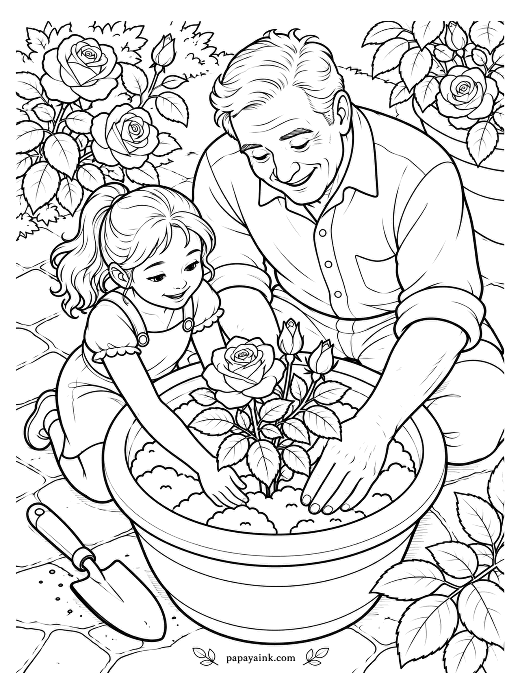 Rose Coloring Pages - Pressing the soil firm around a new rose is the part children like best, and the grandfather is happy to share it. A trowel lies on the paving beside the wide pot. Dark, crumbly brown makes the soil look real.