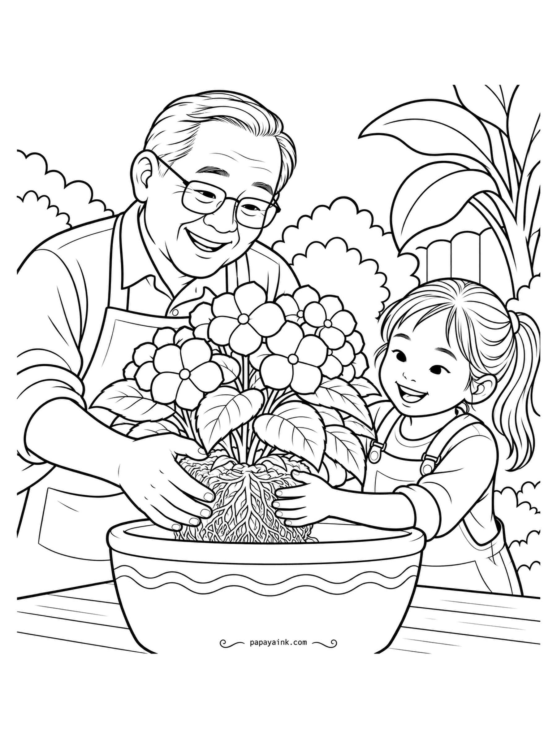 Garden Coloring Pages - Glasses on his nose, a grandfather guides a hydrangea with a full root ball into a wide bowl as his granddaughter steadies the stems. The root ball is a tangle of fine lines; a mid brown wash over it, no detail work, is enough.