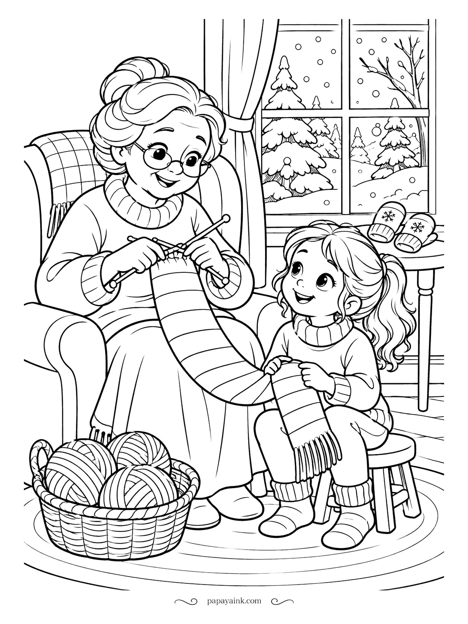 Free Printable Winter Coloring Pages - A long striped scarf grows off the needles and the granddaughter holds the finished end, measuring it against herself. A basket of yarn balls sits on the rug, mittens dry on the table. Each stripe a different yarn color.