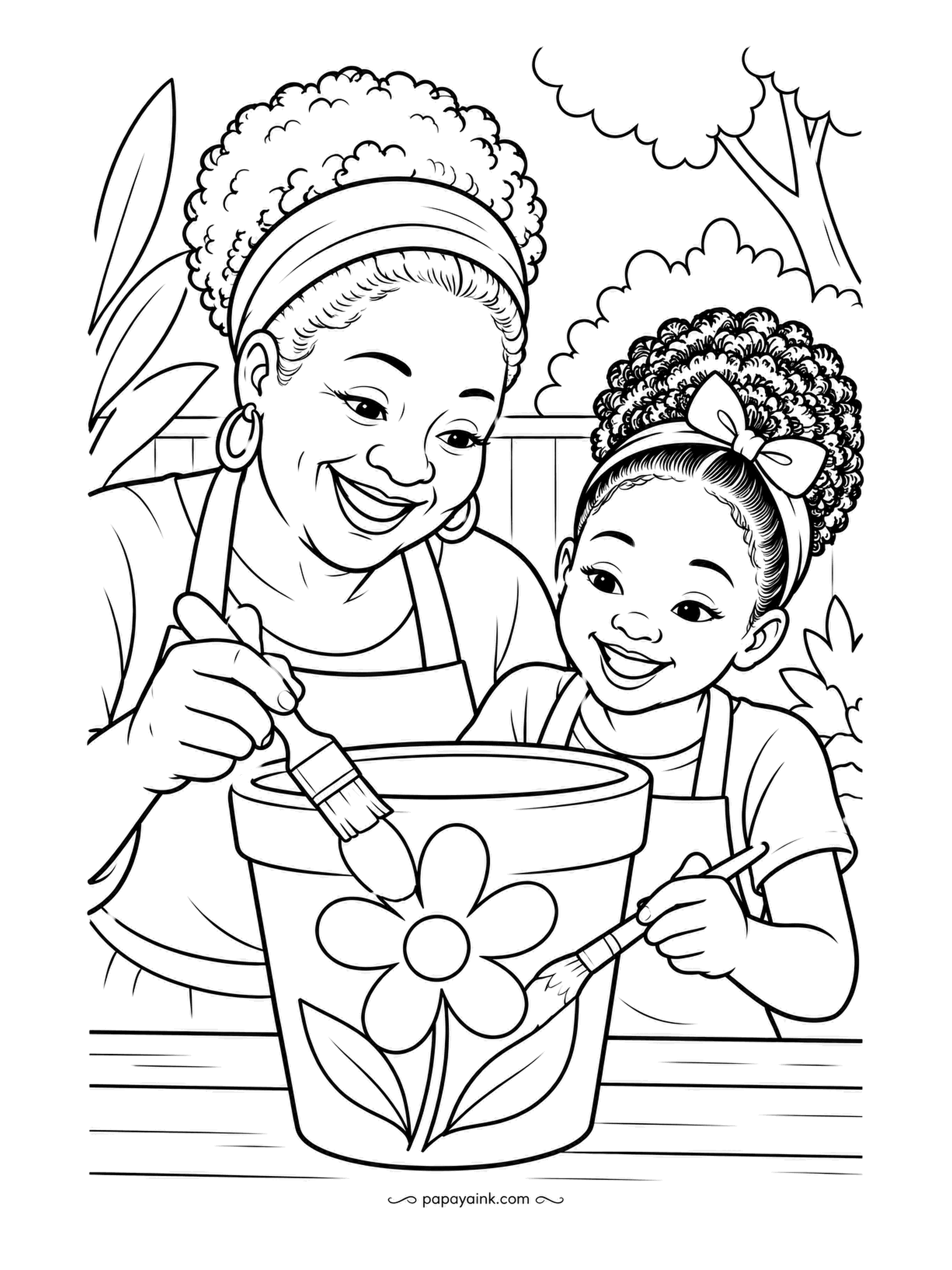 Garden Coloring Pages - Aprons on, brushes in hand, a grandmother and her granddaughter are painting a daisy onto a plain terracotta pot. The pot takes any shade they might have chosen; the rest of the scene sits back in soft greens and the two faces carry the warmth.