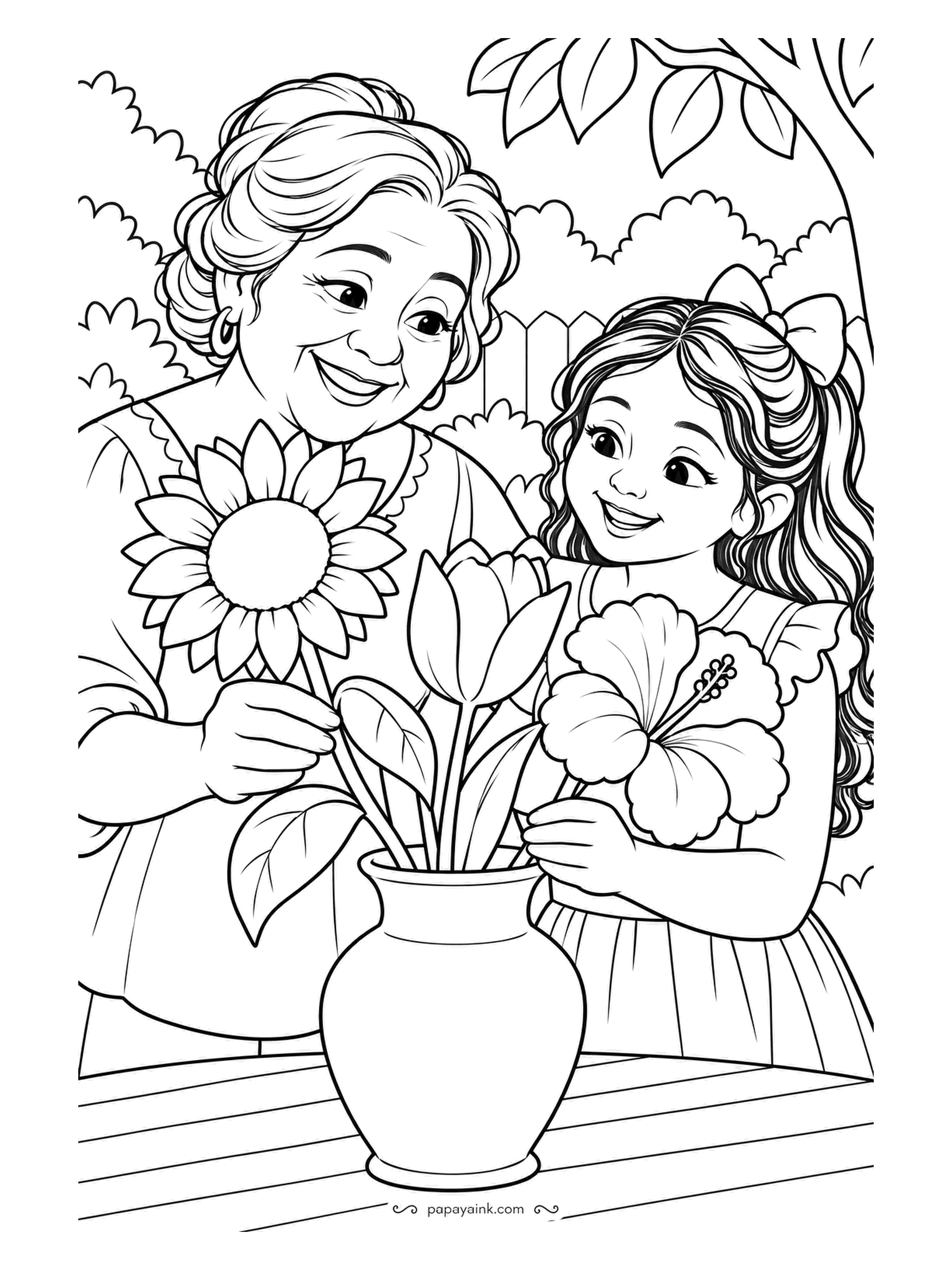 Garden Coloring Pages - At a garden table, a grandmother and a girl with a bow in her hair are filling a round vase: sunflower, tulips, a hibiscus and leaves. Mixed bouquets love contrast - yellow, red, orange - and a plain ceramic vase to hold them together.