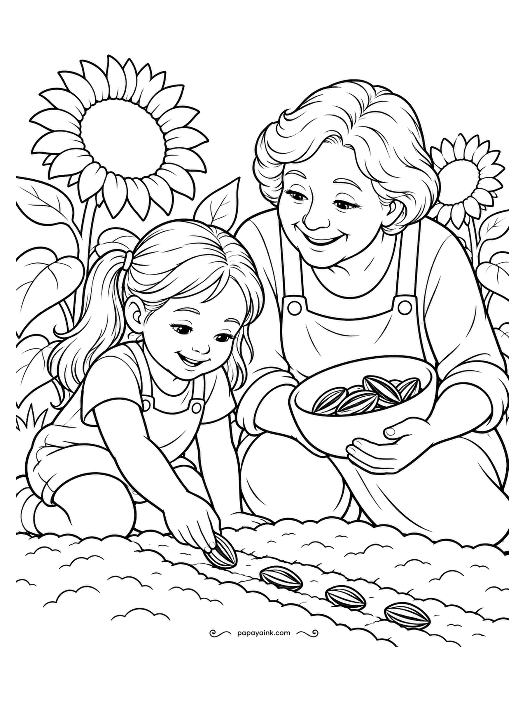 Garden Coloring Pages - With a bowl of striped sunflower seeds in her lap, a grandmother shows her granddaughter how to drop them in a row, while grown sunflowers tower behind them both. The seeds are black and white striped; the earth around them in a warm umber.