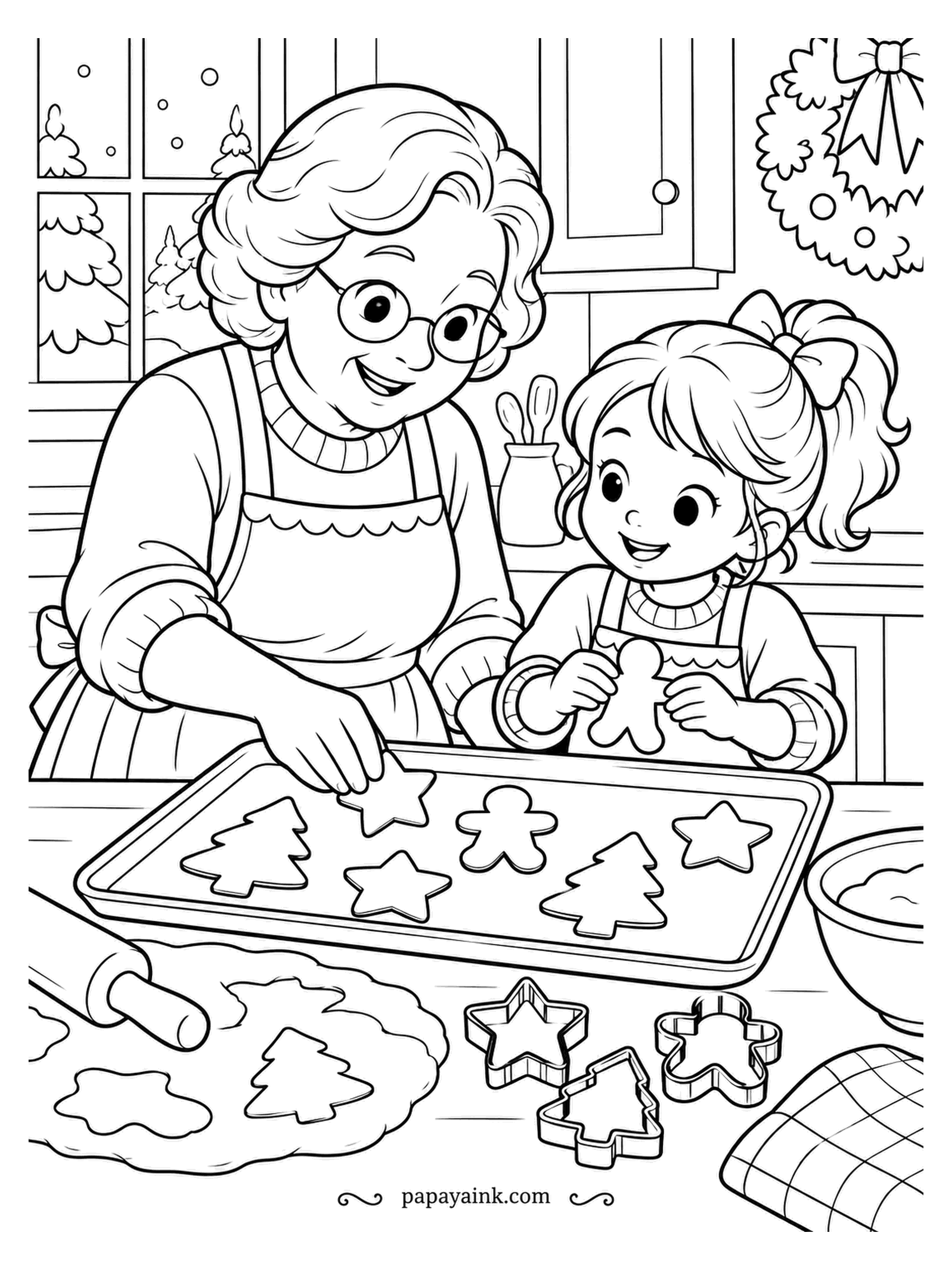 December Coloring Pages - Grandmother lifts the star-shaped cookies onto the tray while her helper studies the gingerbread figure she has just cut out. Rolling pin, cutters and a sheet of dough fill the foreground. Pale golden brown for baked cookies, lighter for the raw dough.