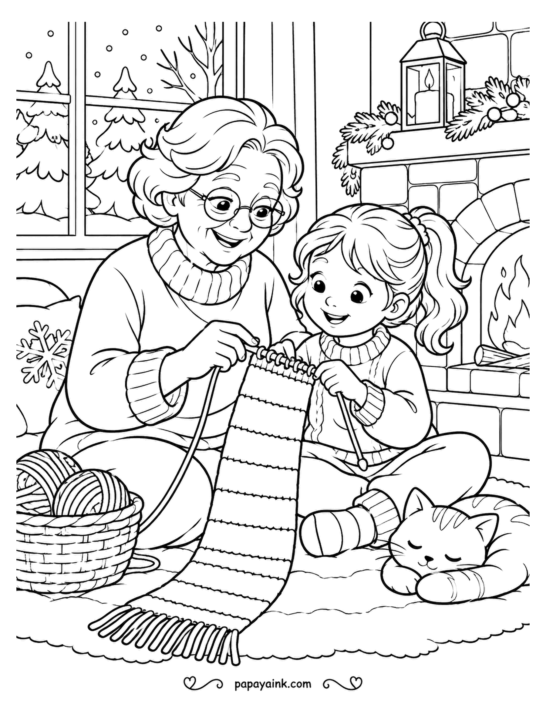 December Coloring Pages - Grandmother holds the needles and granddaughter holds her breath while the striped scarf grows one row at a time by the fire. The tabby has tested the yarn basket and approves. Alternate two bold shades down the stripes.