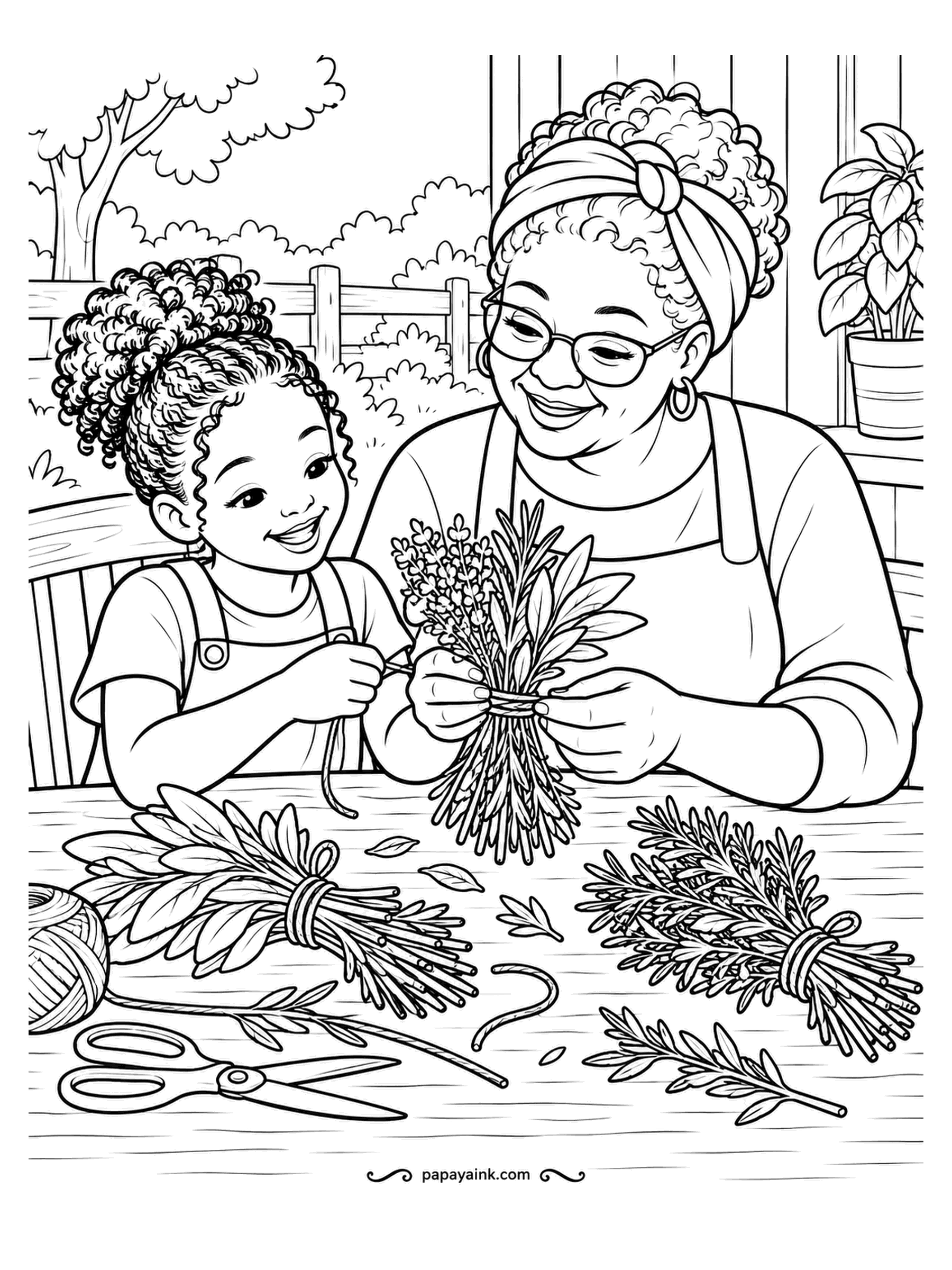Farm Coloring Pages - Grandmother and granddaughter tying a bundle of lavender with twine, bunches of sage and rosemary already done on the table, scissors and a ball of string nearby. Purple for the lavender, silver-green for the sage.