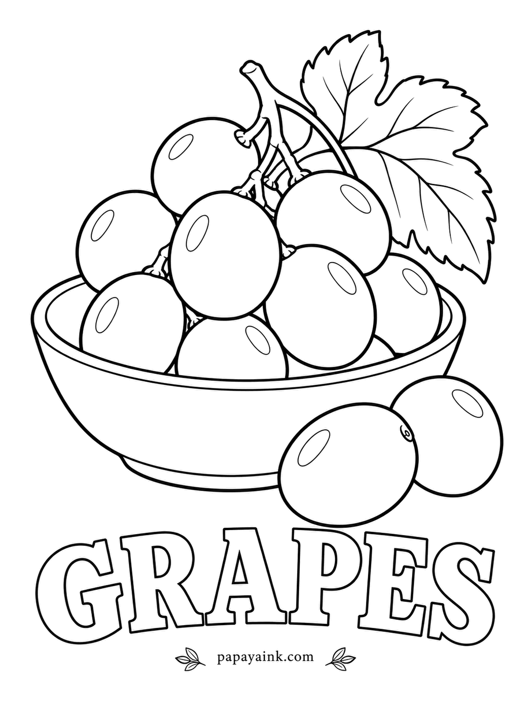 Printable Fruit Coloring Pages - A bunch tumbling over the bowl with two loose grapes rolling free. Every grape has a small oval highlight already drawn, so skip those and the bunch will look round without any shading at all.