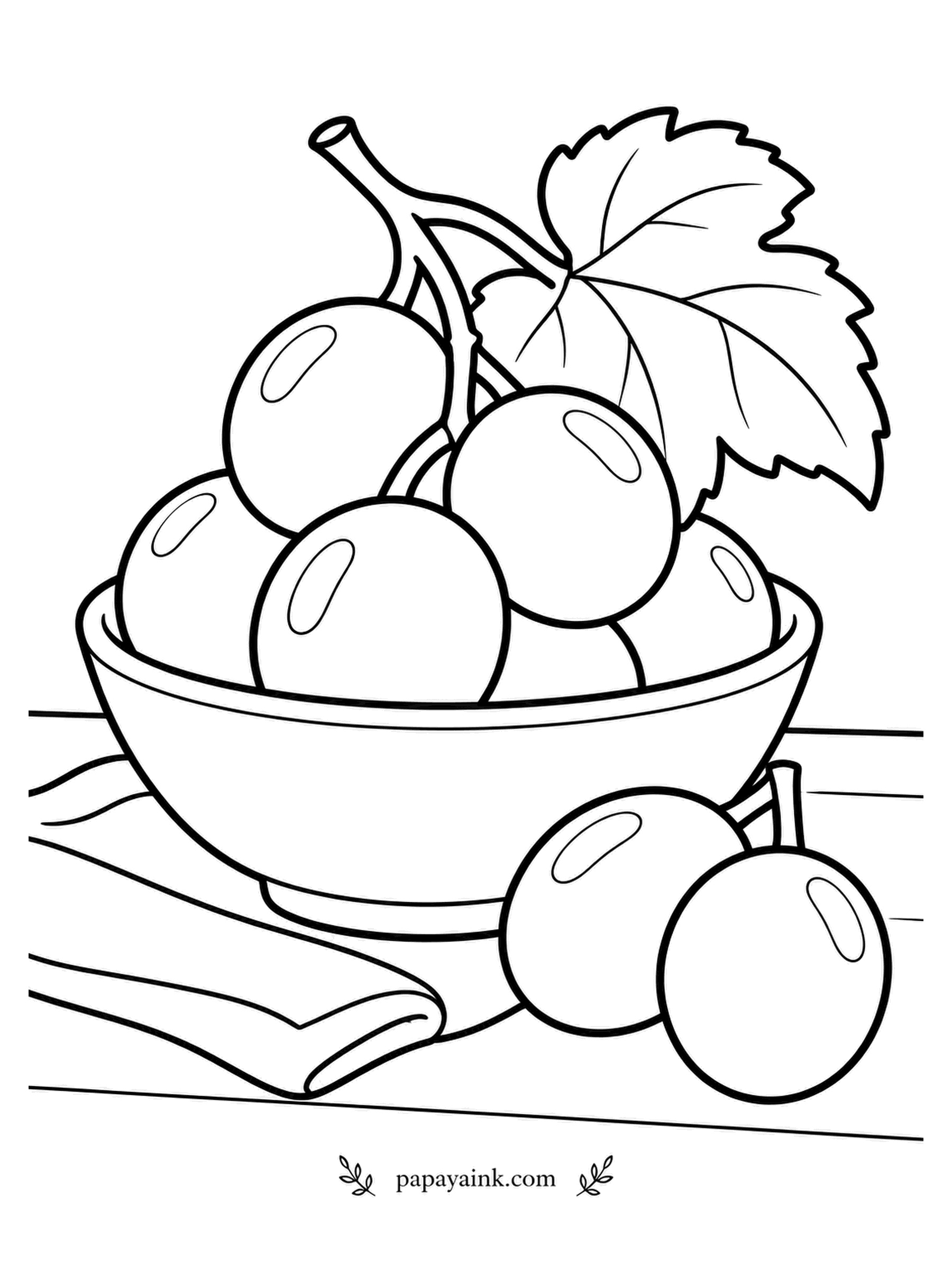 Fruit Coloring Pages - Two grapes have escaped the bowl and are rolling across the napkin while the rest sit mounded under a vine leaf. Grapes wear a dusty bloom in real life, so a lighter shade on the highlight side of each one is accurate.