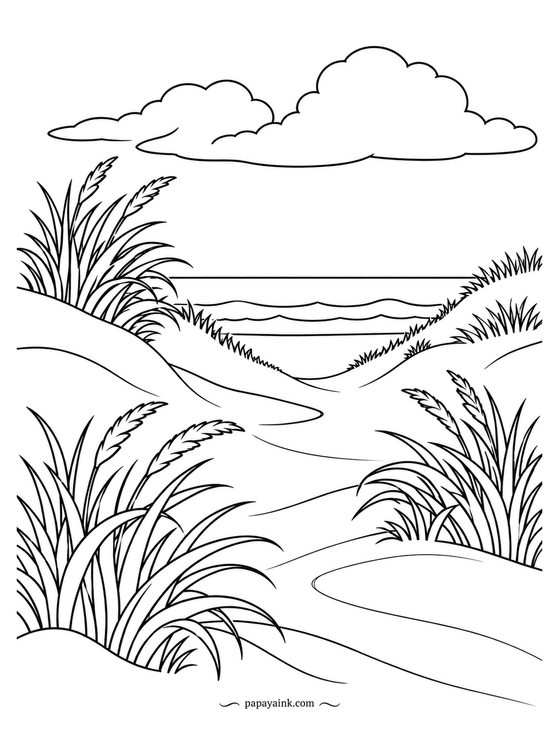 Nature Coloring Pages - Beach grass holds these dunes together underground, and a sandy path threads between the clumps down to the water. Very open, good for a quick session. Straw-colored grass, cream sand and a thin strip of sea at the back.
