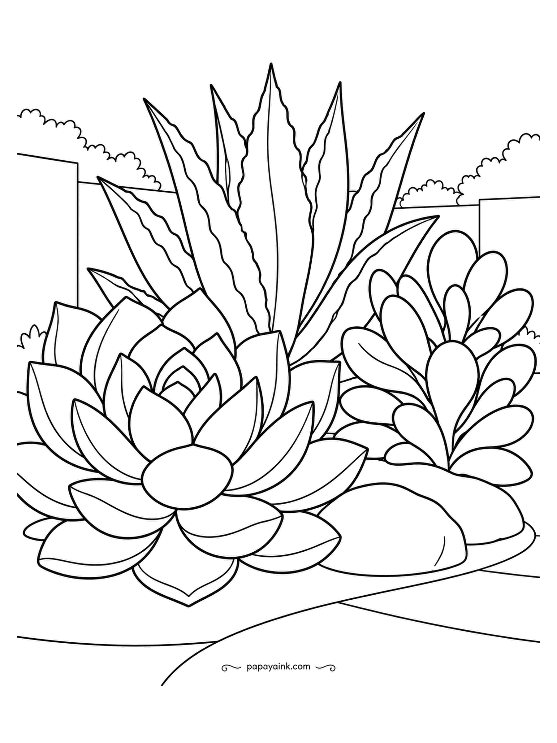 Garden Coloring Pages - Not every garden is wet and green. An agave sends spiked leaves skyward, an echeveria rosette spreads at the front and a paddle-leaved succulent fills the right, all set in gravel. Blue-green, dusty gray and pink leaf tips look true to life.