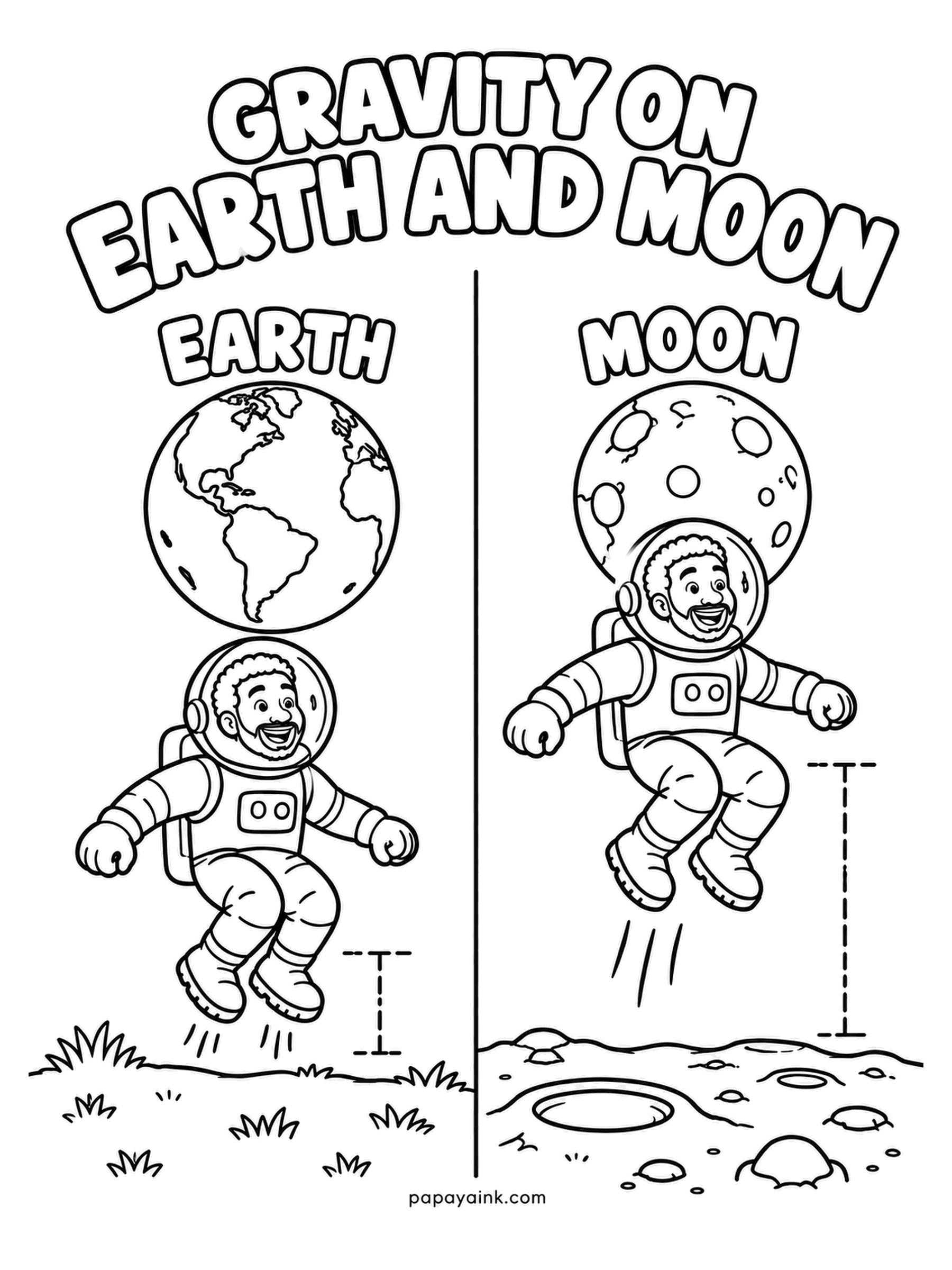 Earth Coloring Pages - Same astronaut, same jump, two very different heights: the moon pulls with about a sixth of Earth's gravity, so the leap on the right goes several times higher. Green grass under one, gray dust and craters under the other, and the suits identical.