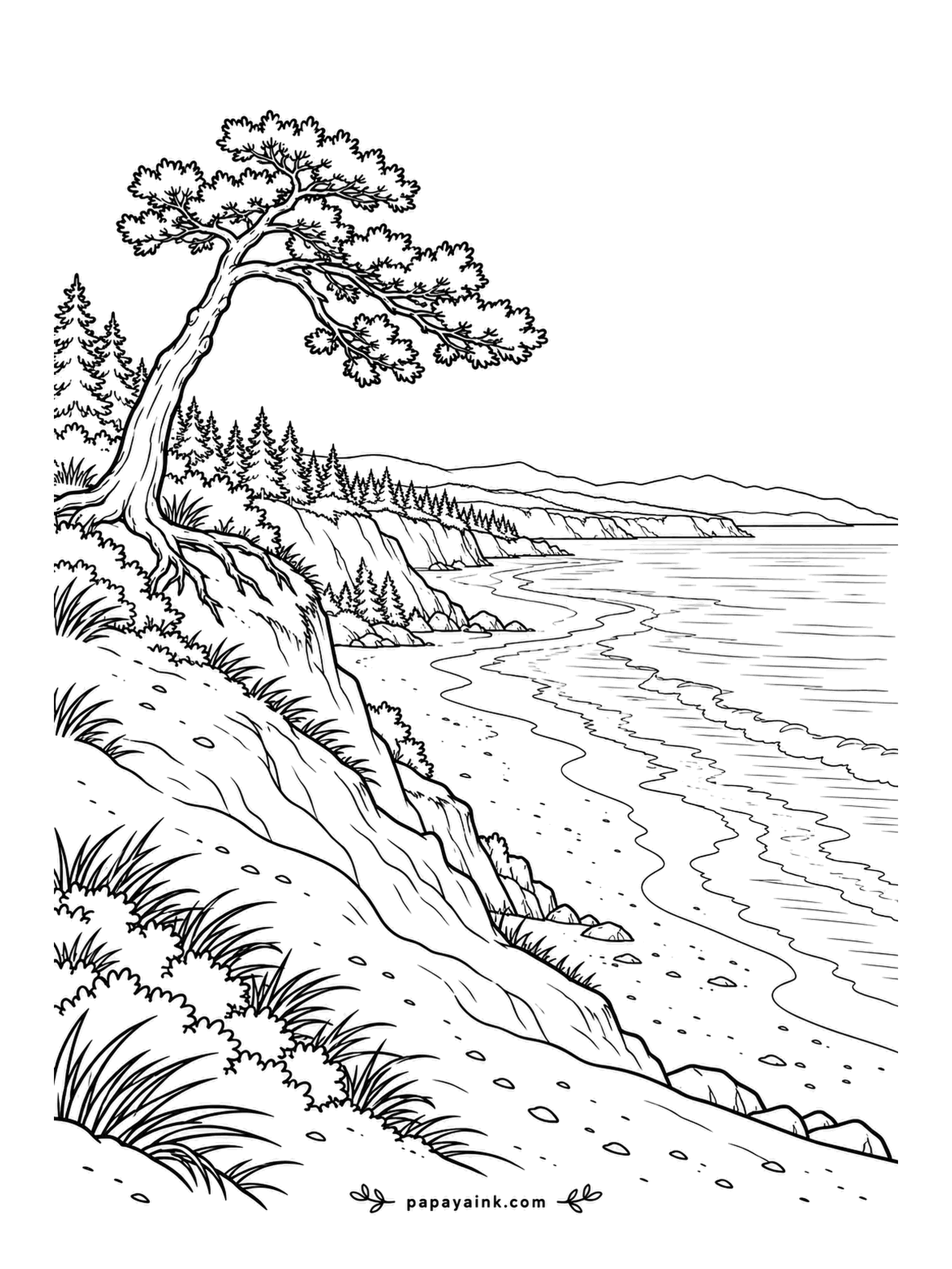 Beach Coloring Pages - One windswept pine clings to the top of a sand bluff above a long freshwater shore, the kind found on the Great Lakes, with dune grass stepping down to the water. Bend the color with the wind: darker needles on the sheltered side.