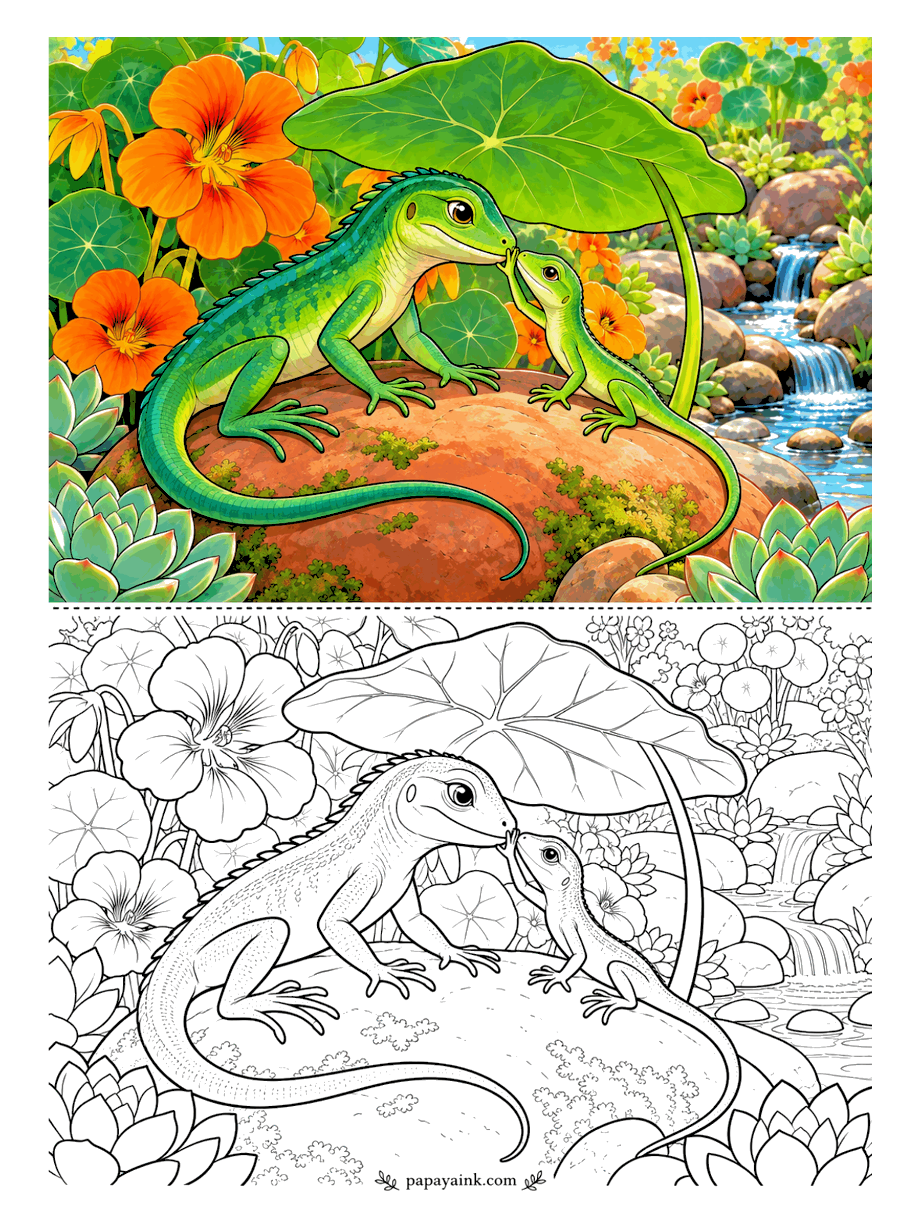 Lizard Coloring Pages - Shelter from the sun under one enormous nasturtium leaf: a green lizard and her hatchling on a warm red rock, succulents and a small waterfall nearby. Emerald scales, rust rock, orange flowers - a page built on three colors.