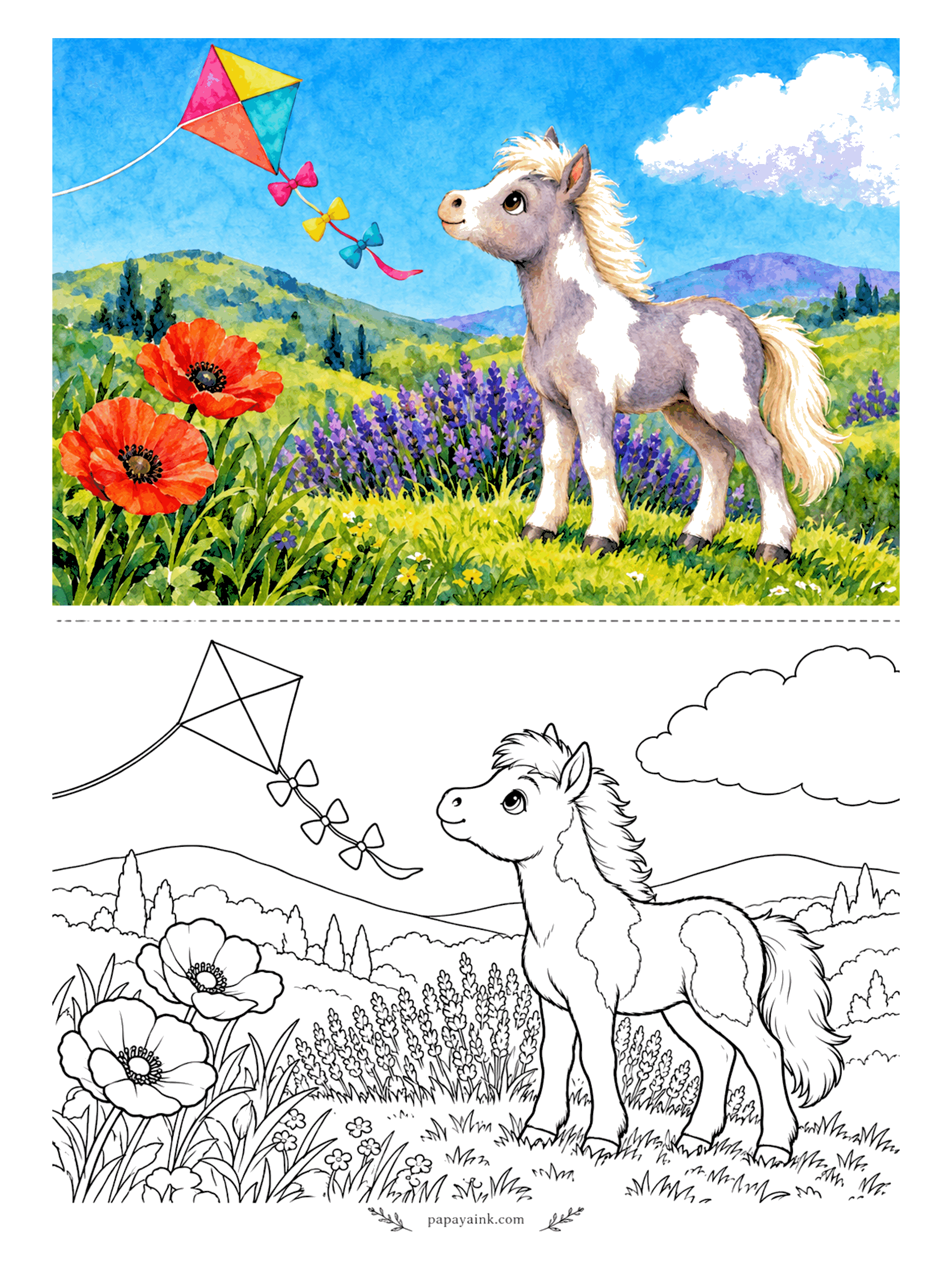 Cute Horse Coloring Pages - Someone is flying a kite over the valley and the grey pinto foal has stopped to watch its ribbon tail. Poppies and lavender in the foreground, mountains behind. Three colors for the kite, red for the poppies.