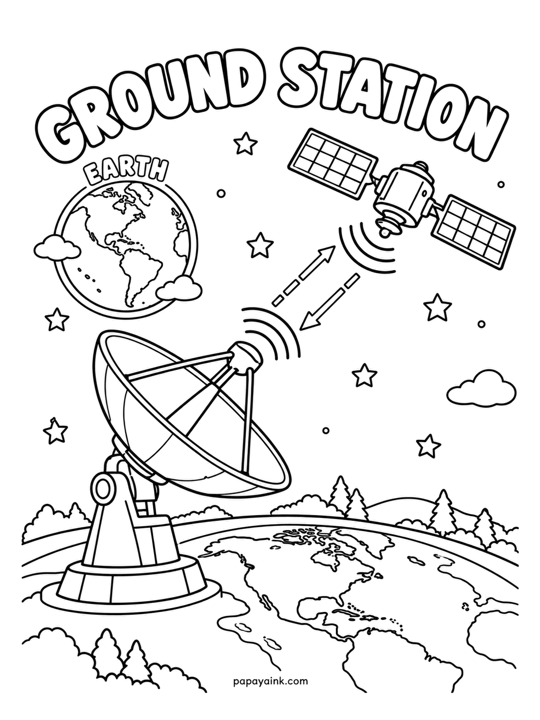 Earth Coloring Pages - A big dish on a hillside talks to a satellite overhead, signals going both ways along the dashed line. Every picture a satellite takes comes home through a station like this. Forest green around the dish, and the signal arcs in a bright color.