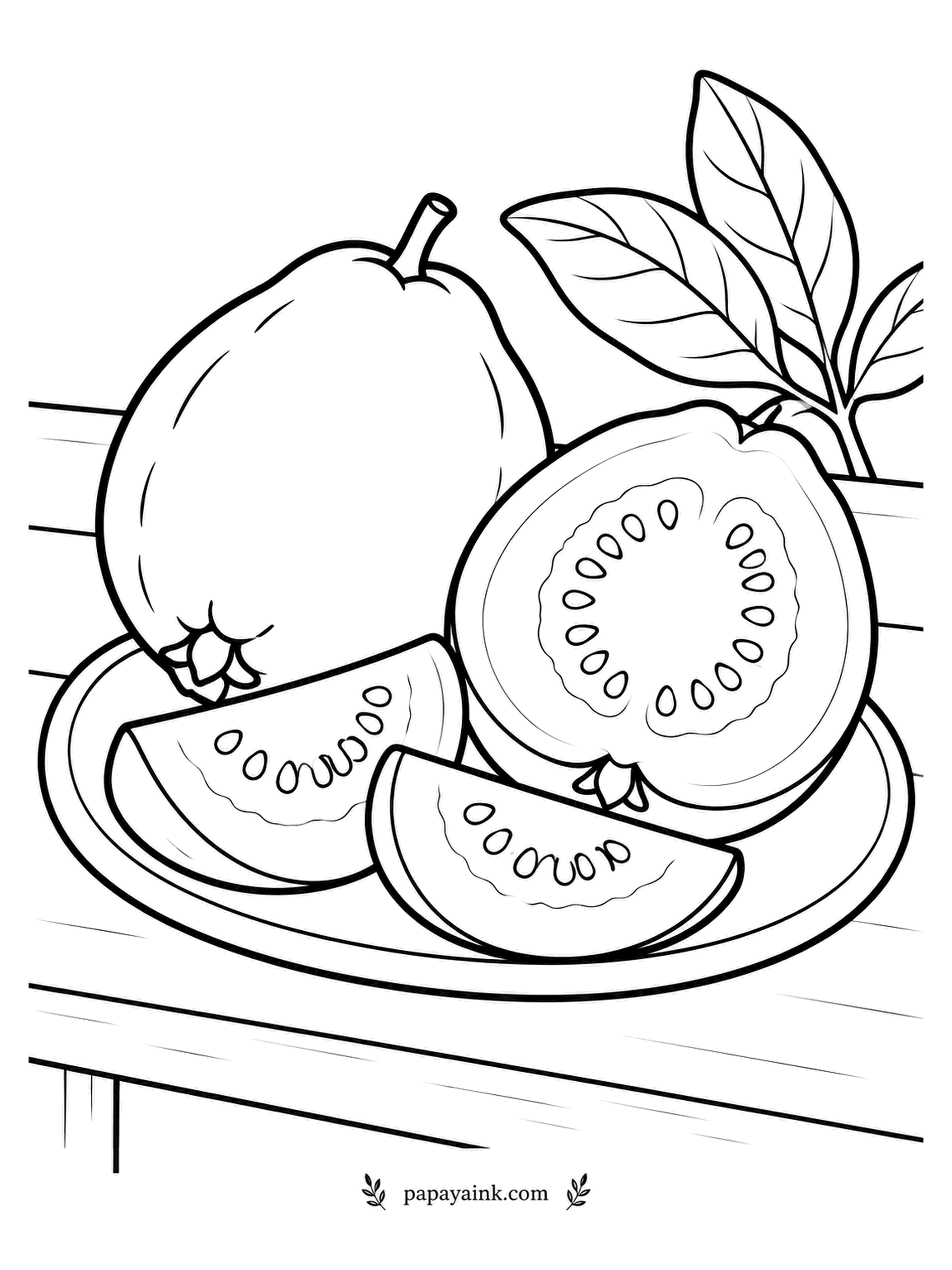 Fruit Coloring Pages - Guavas on a garden-bench plate - a whole one with its leaf, a half and two wedges showing the seed ring. The flesh is pink or white depending on the variety; the skin is lime green with a yellow blush when ripe.